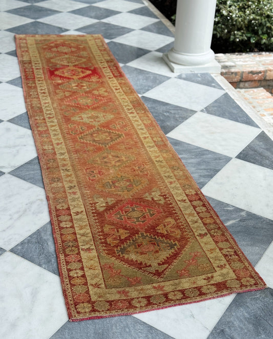 Vintage Turkish Runner Rug | Dusty Rose & Cream Hallway Runner  | 2.7' x 11.6'