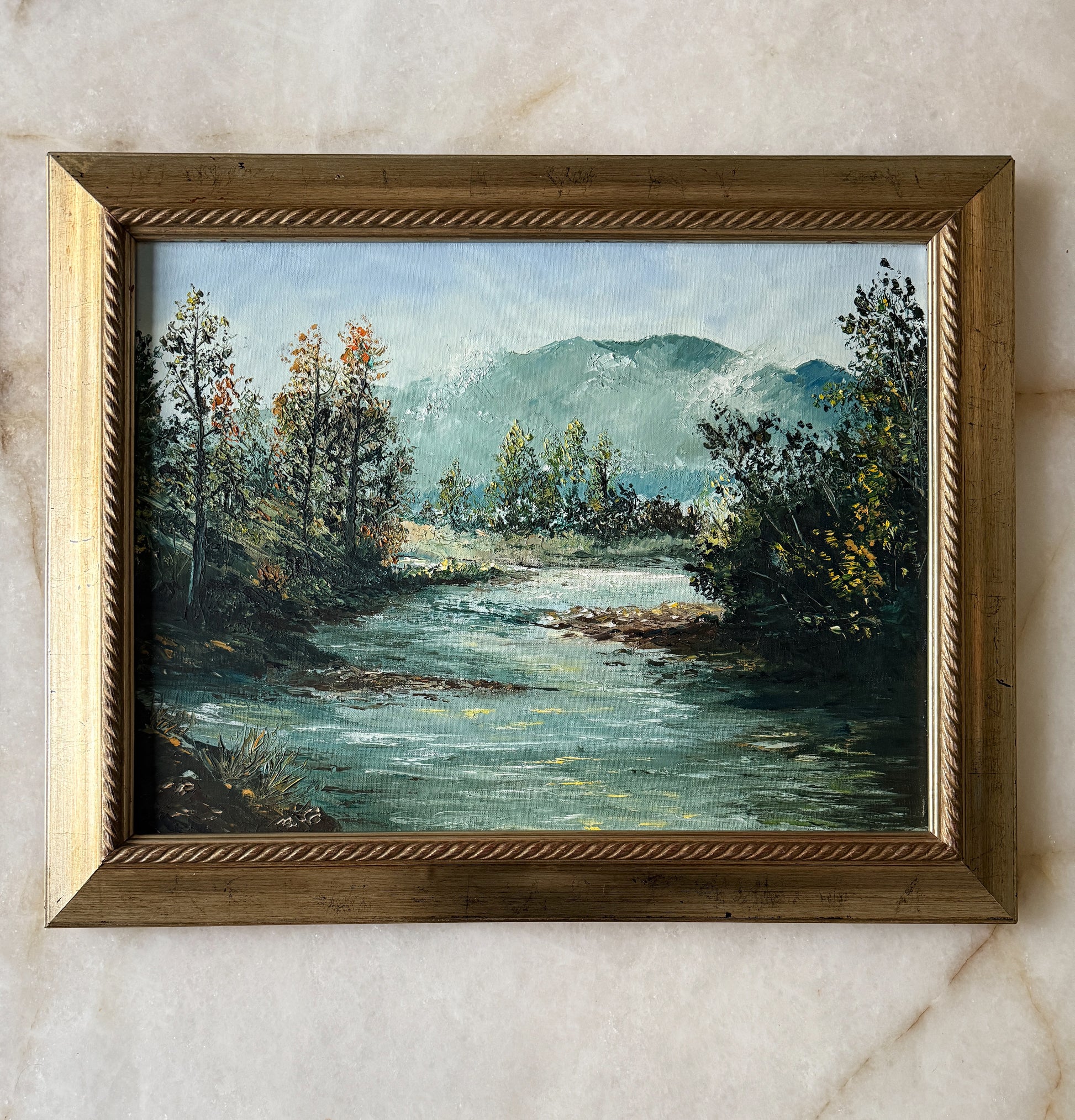Vintage Framed Oil Painting - Mountain River Landscape