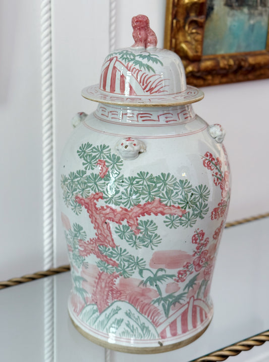 Pink & Green Porcelain Three Friends Temple Jar