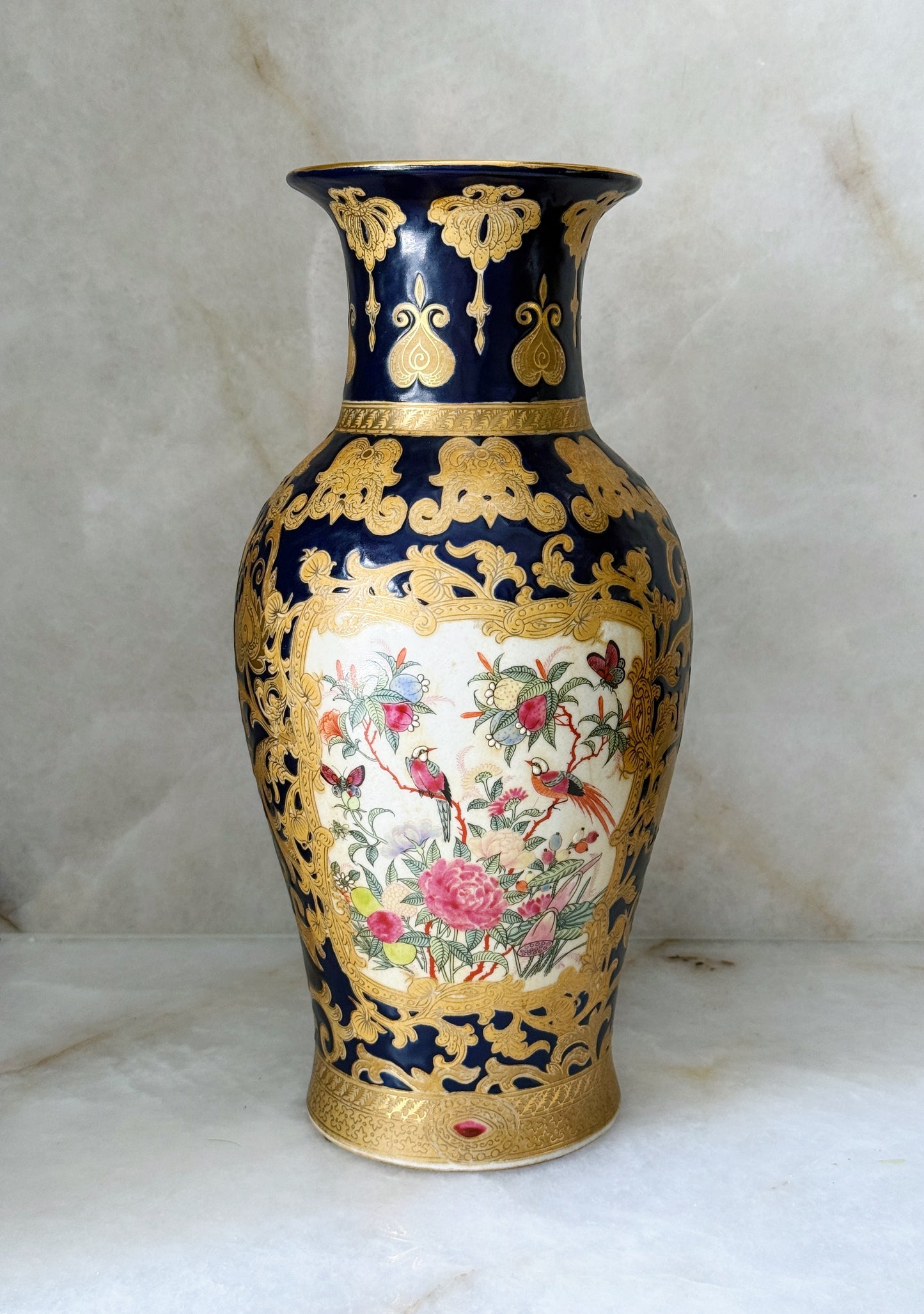 Pair of Vintage Cobalt Blue & Gold Porcelain Vase with Birds & Floral Panels