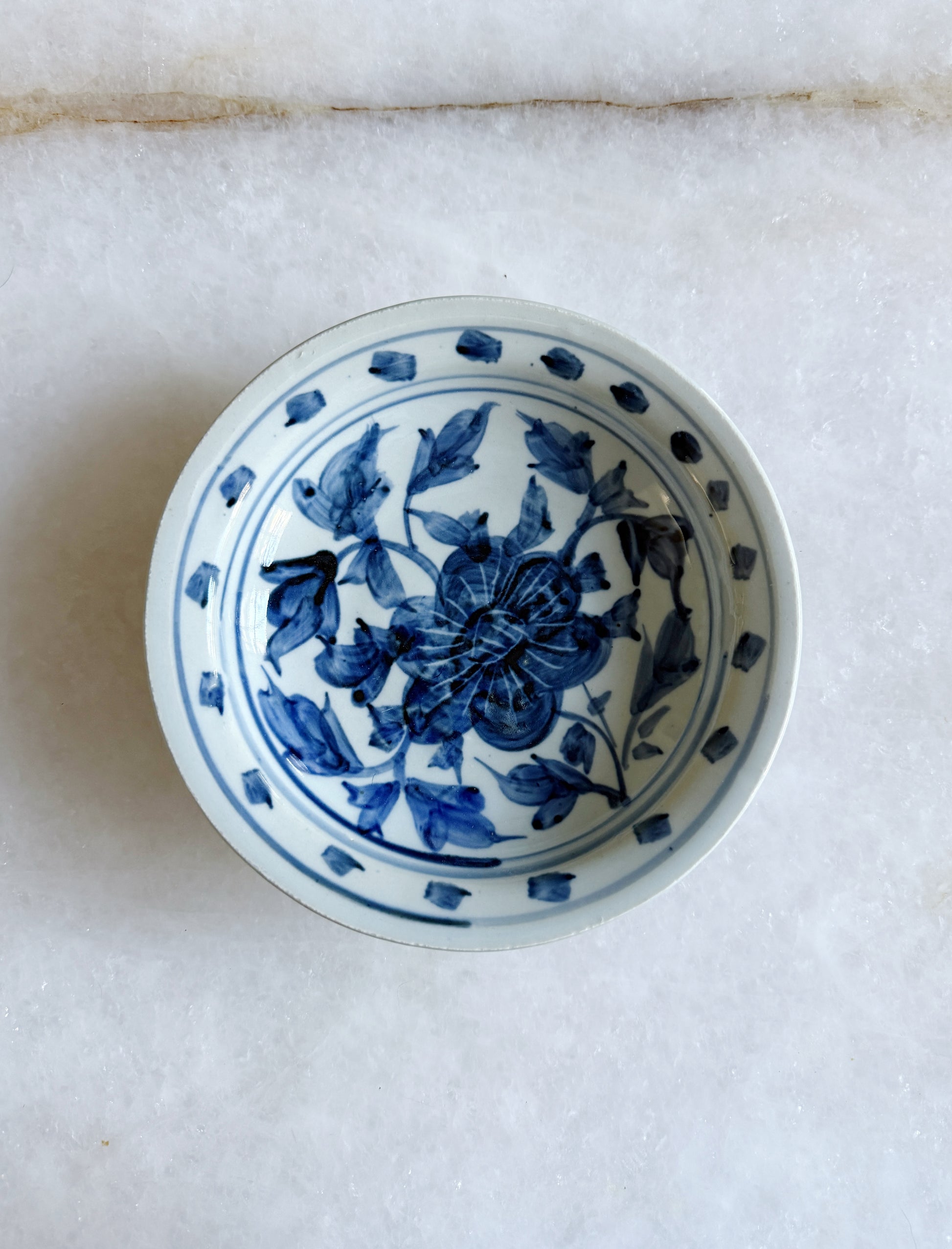Small Blue & White Hand Painted Peony Dish