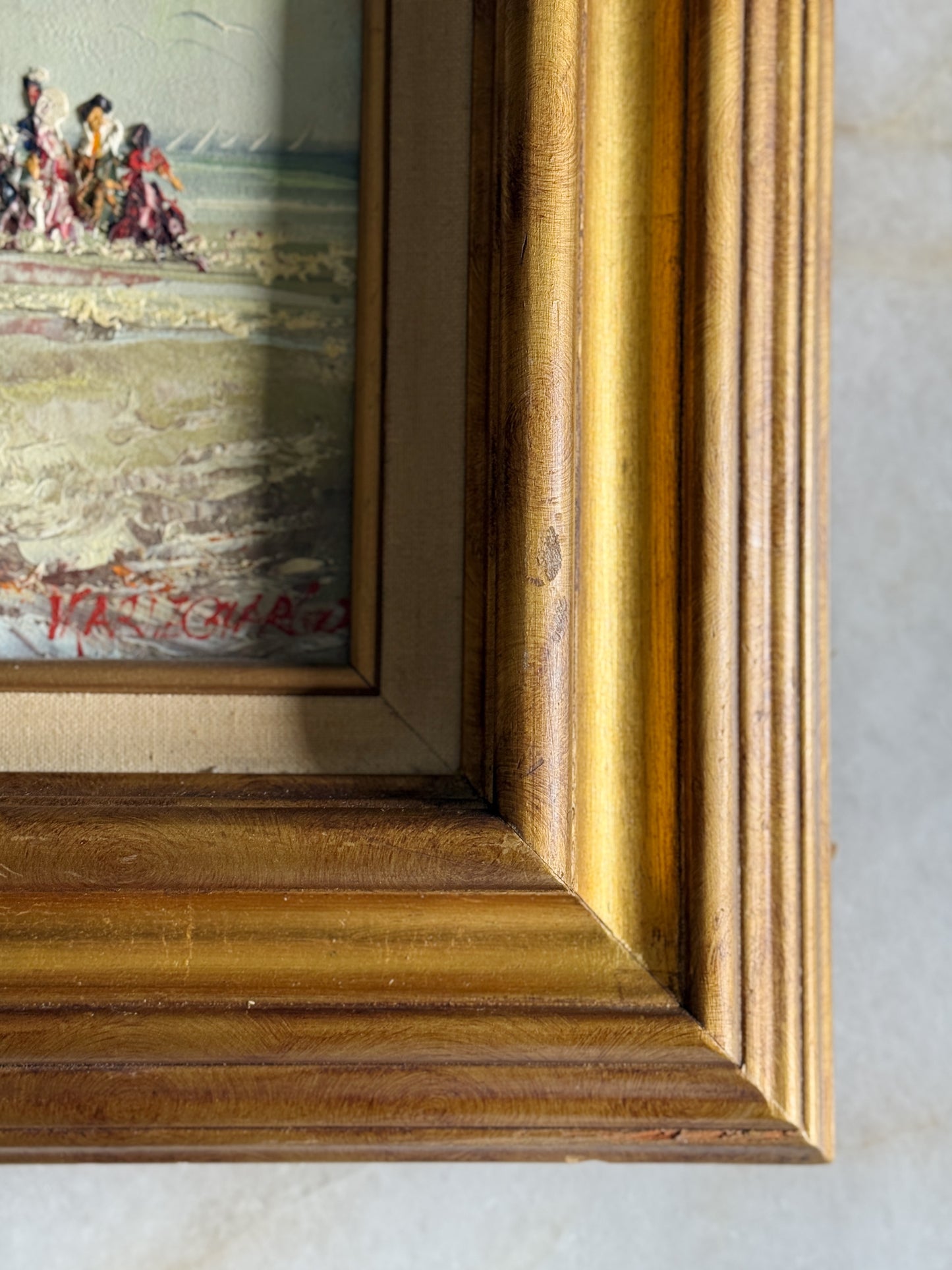Vintage Framed Oil Painting - Victorian Beach Scene