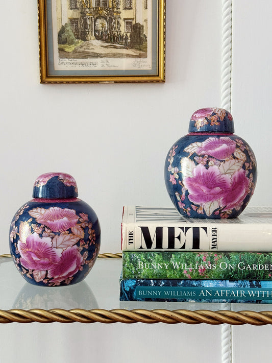 Vintage Cloisonné Style Ginger Jar Pair in Cobalt & Pink Floral