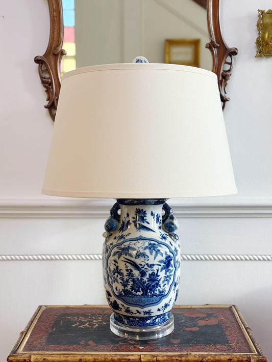 Hand Painted Blue & White Chinoiserie Lamp - Birds & Floral