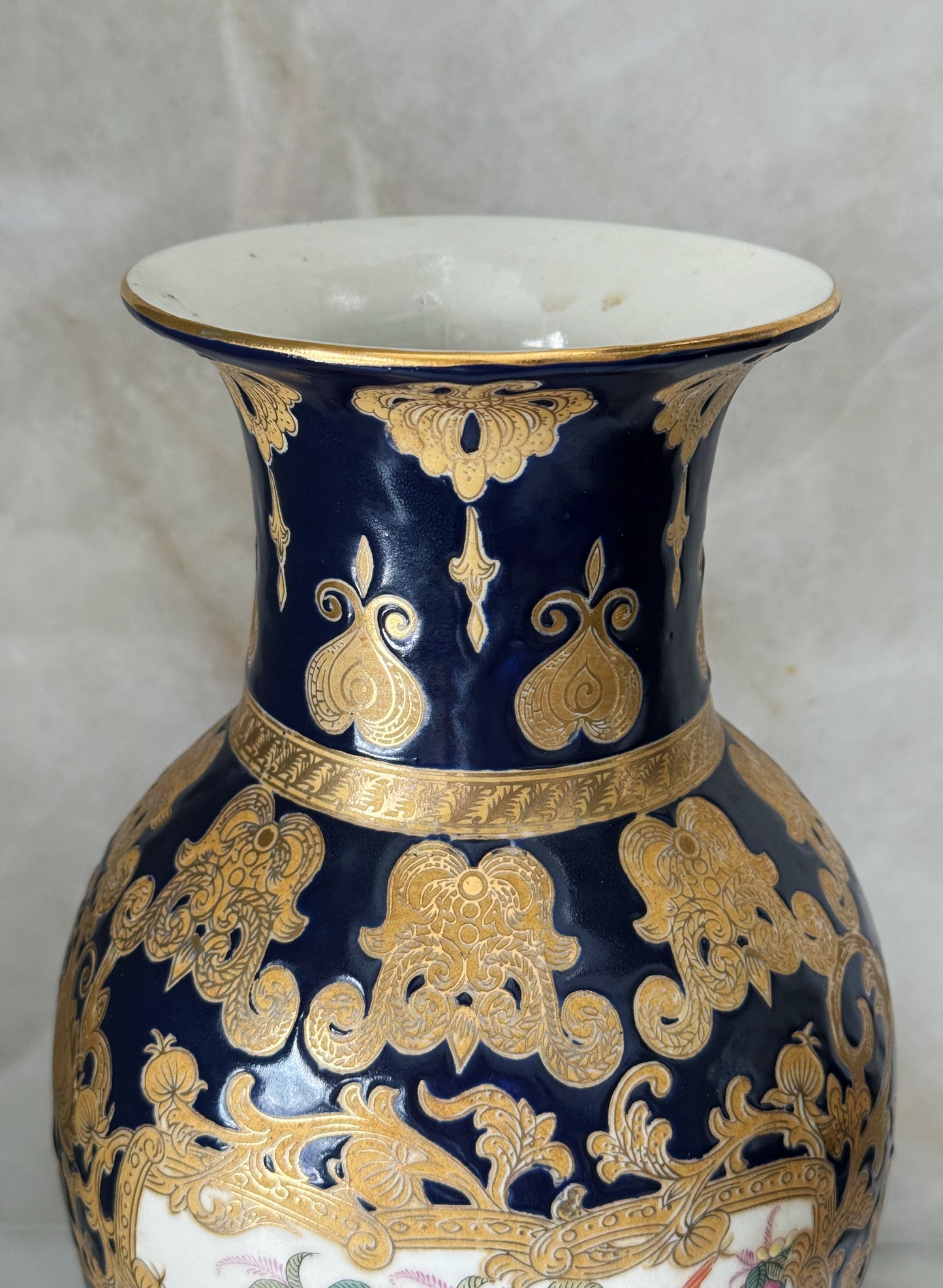 Pair of Vintage Cobalt Blue & Gold Porcelain Vase with Birds & Floral Panels