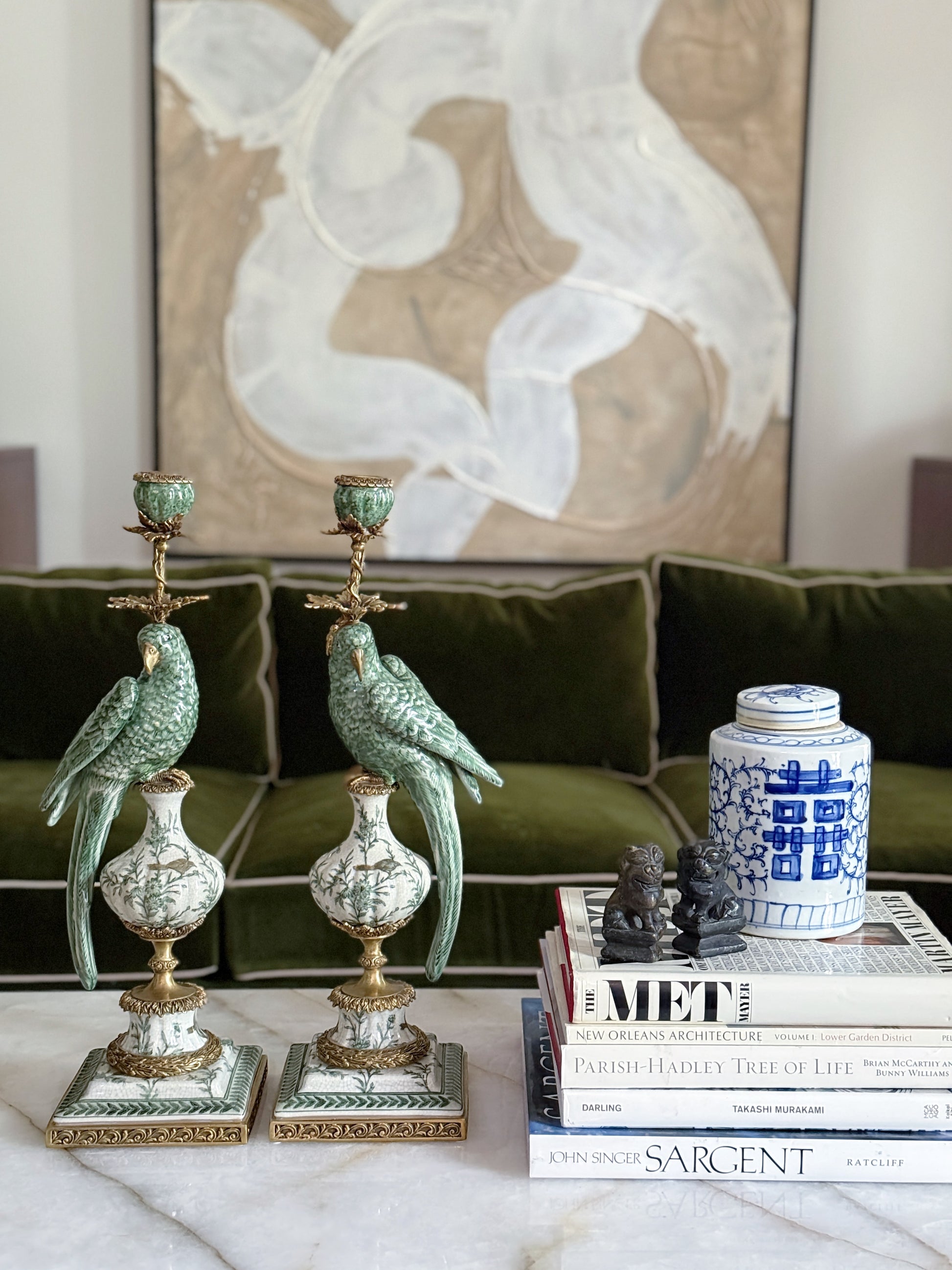 Hand-Painted Verdant Porcelain Parrot Candlesticks with Bronze Ormolu – Pair