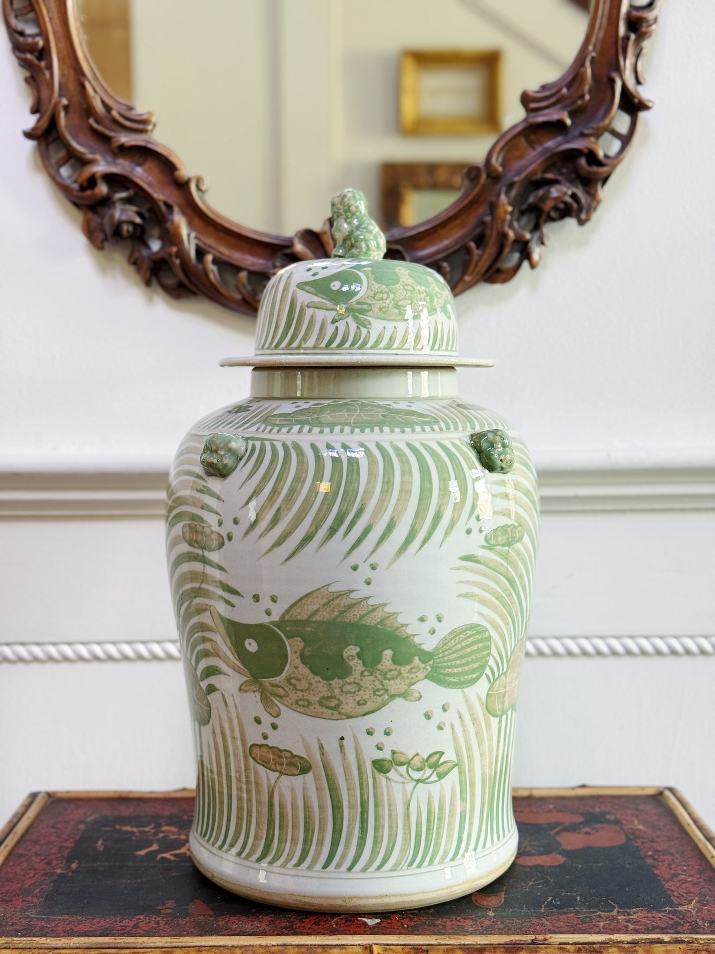 Large Green & White Fish and Lotus Temple Jar