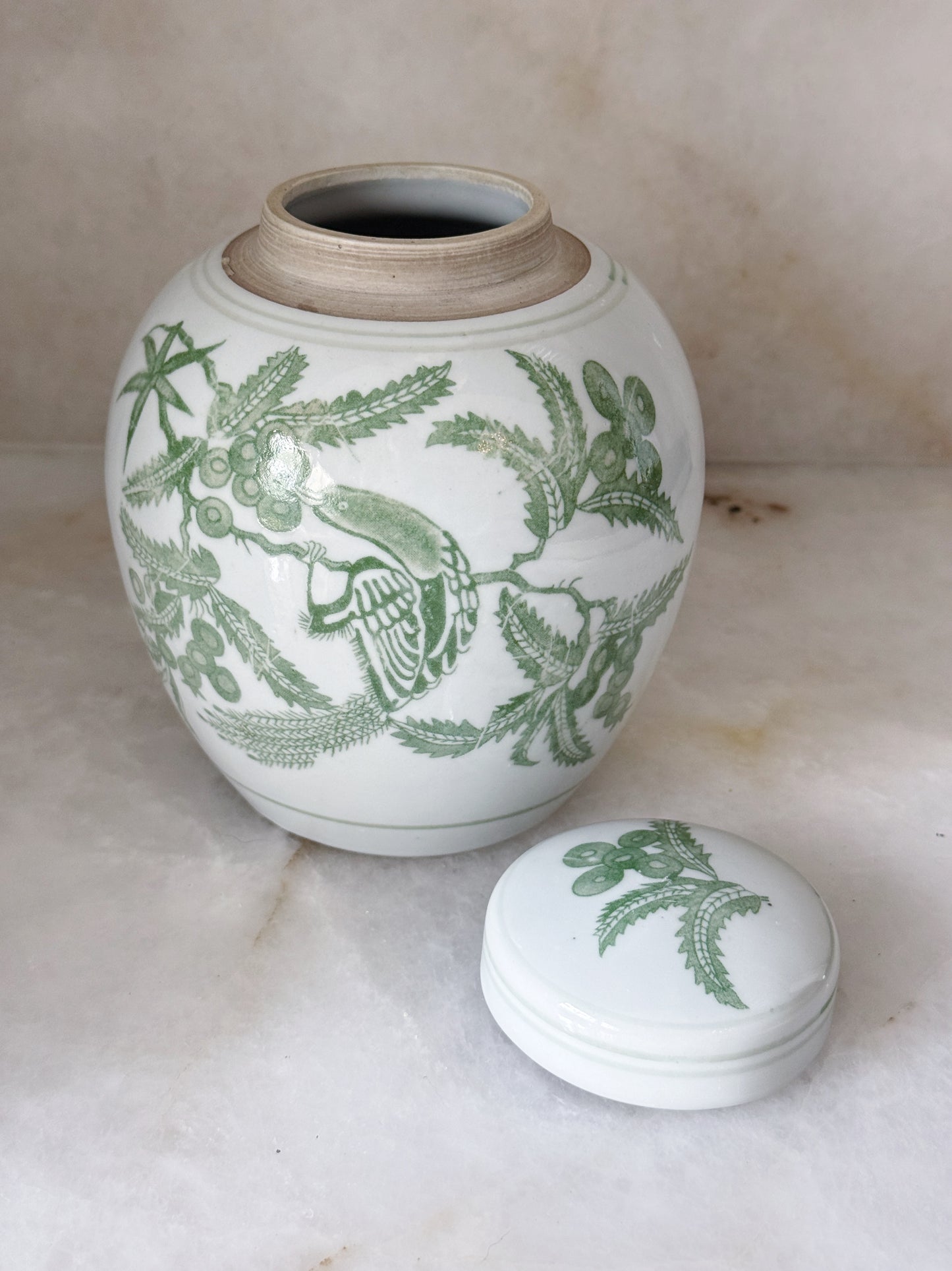 Green & White Porcelain Bird Ginger Jar