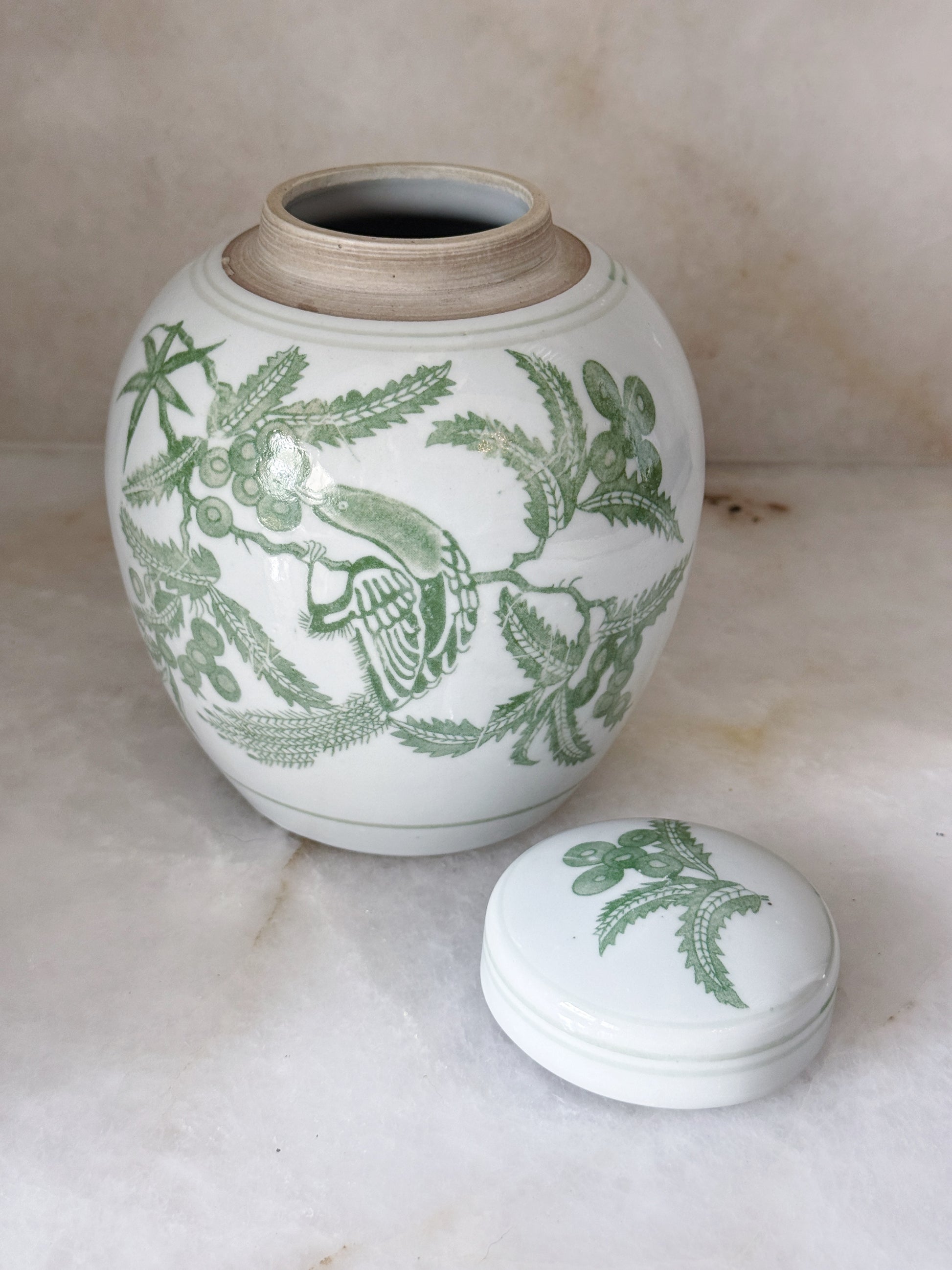 Green & White Porcelain Bird Ginger Jar