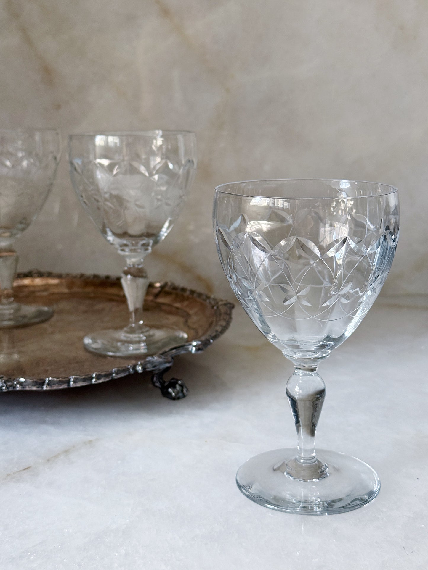 Vintage Etched Wine Goblets | Set of 4