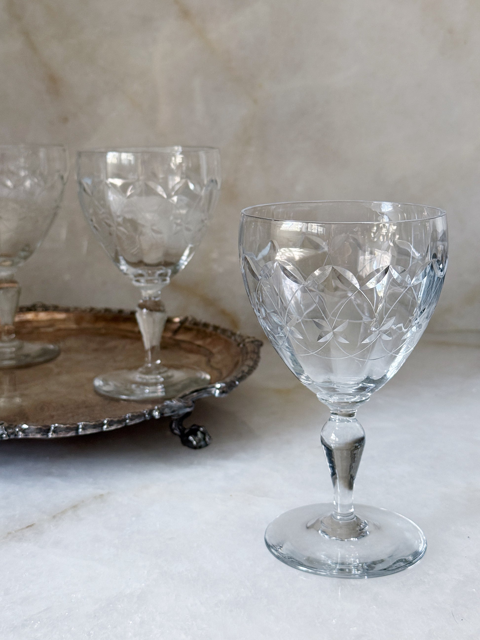 Vintage Etched Wine Goblets | Set of 4