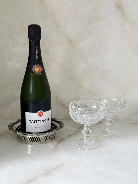Vintage Silver-Plated Wine Coaster with Pierced Gallery Rim with taittinger champagne and vintage Waterford crystal coupes