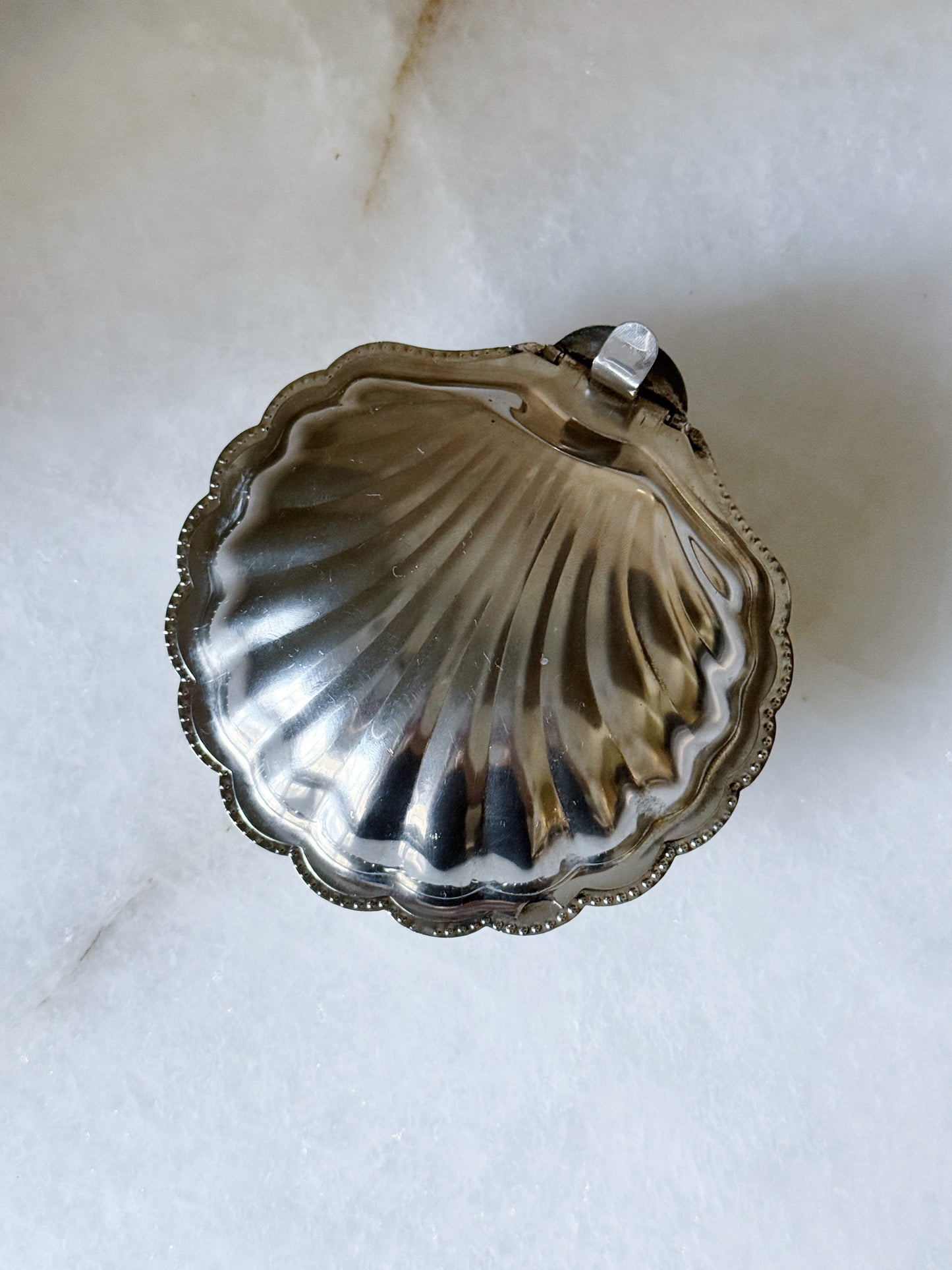 Vintage Silver Shell Caviar Dish with Glass Insert & Spoon