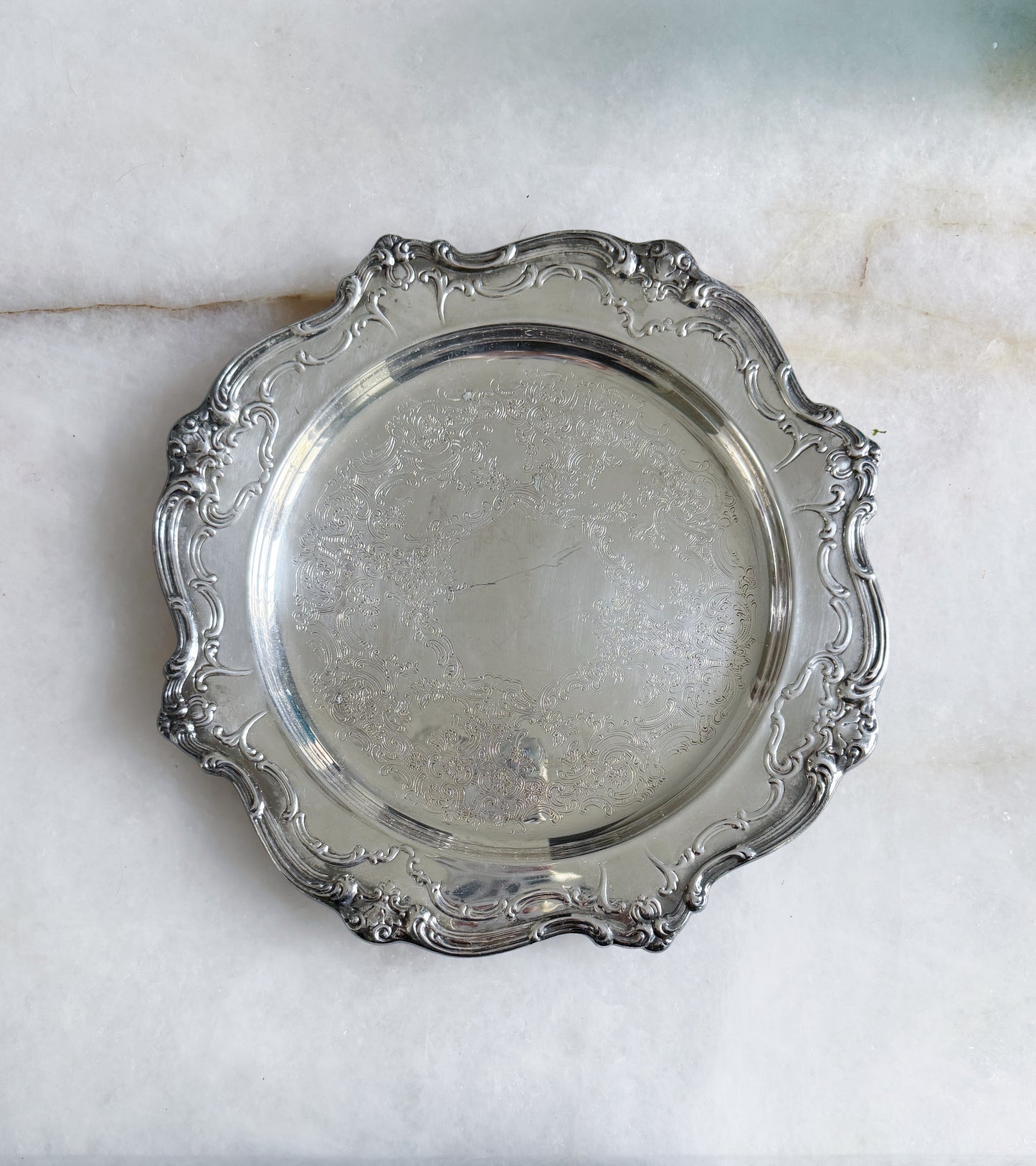 Vintage Ornate Round Silver Serving Tray - 12”
