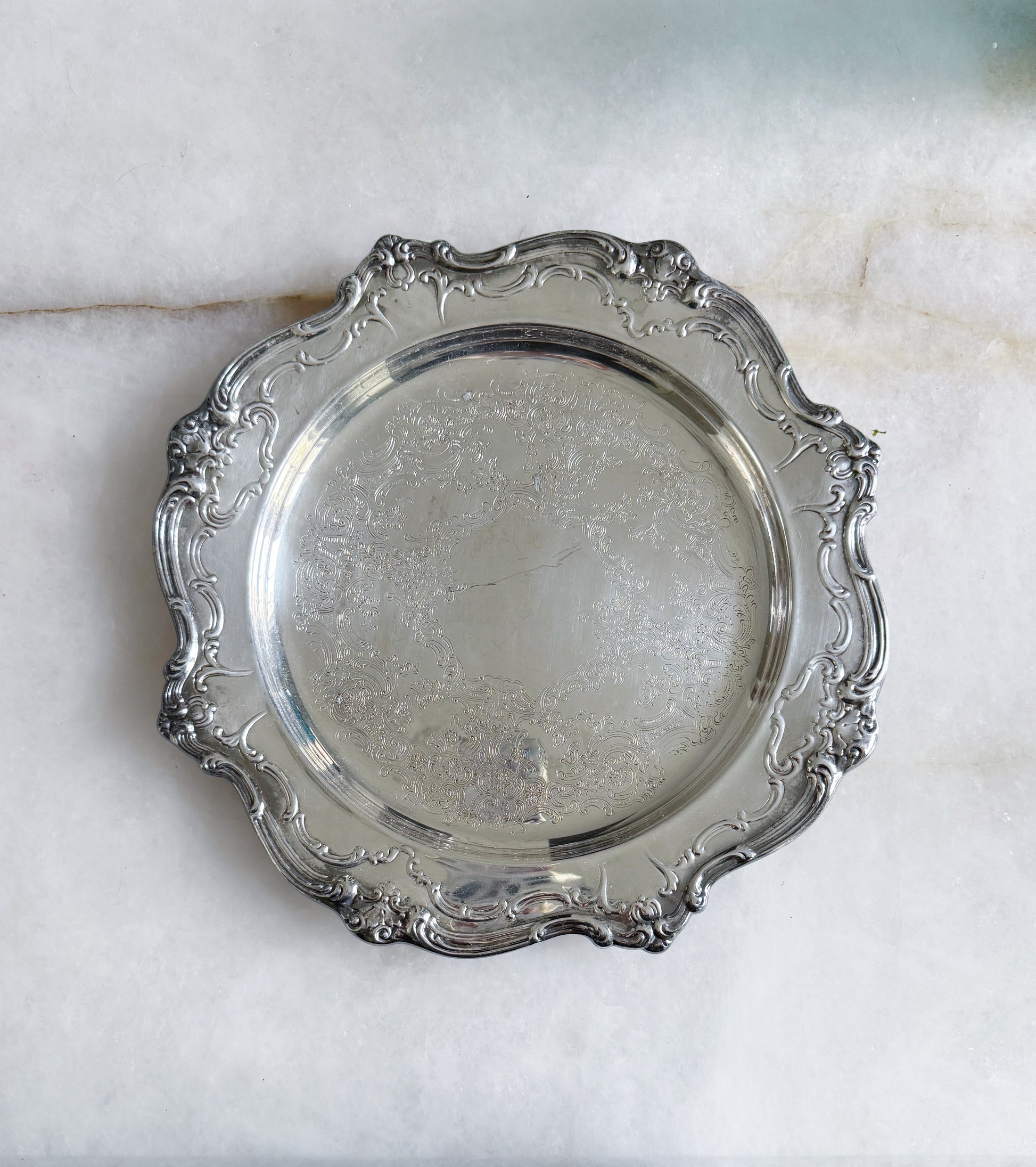 Vintage Ornate Round Silver Serving Tray - 12”