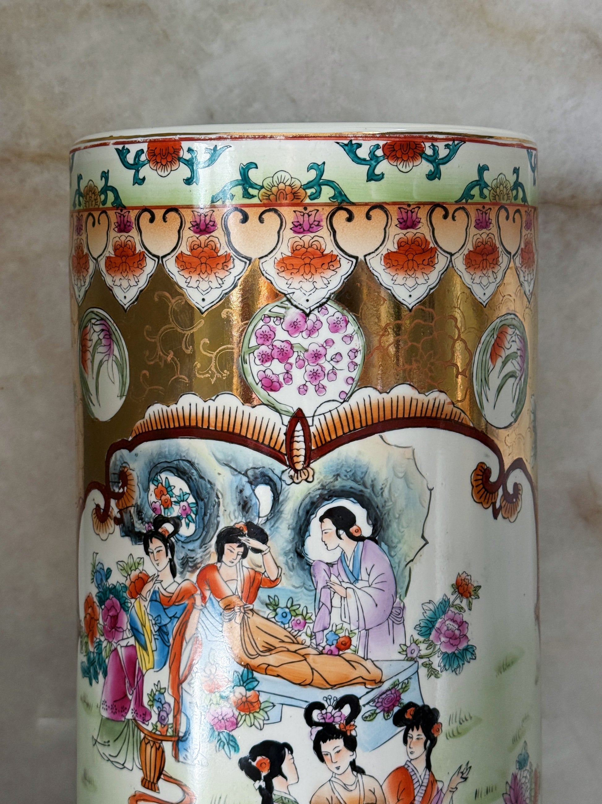 Vintage Hand-Painted Chinoiserie Porcelain Umbrella Stand