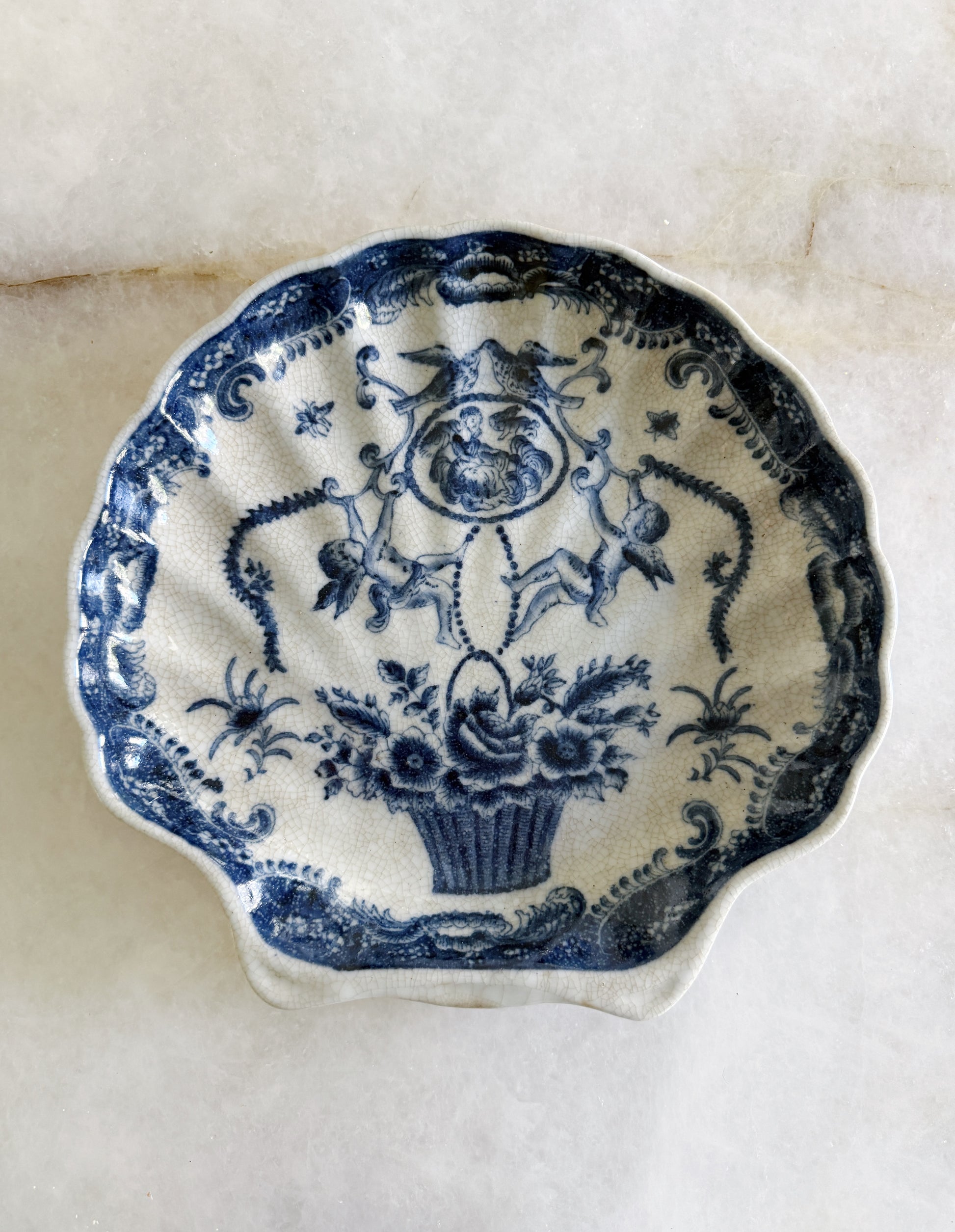 Blue & White Porcelain Shell Platter | Chinoiserie Floral Serving Dish