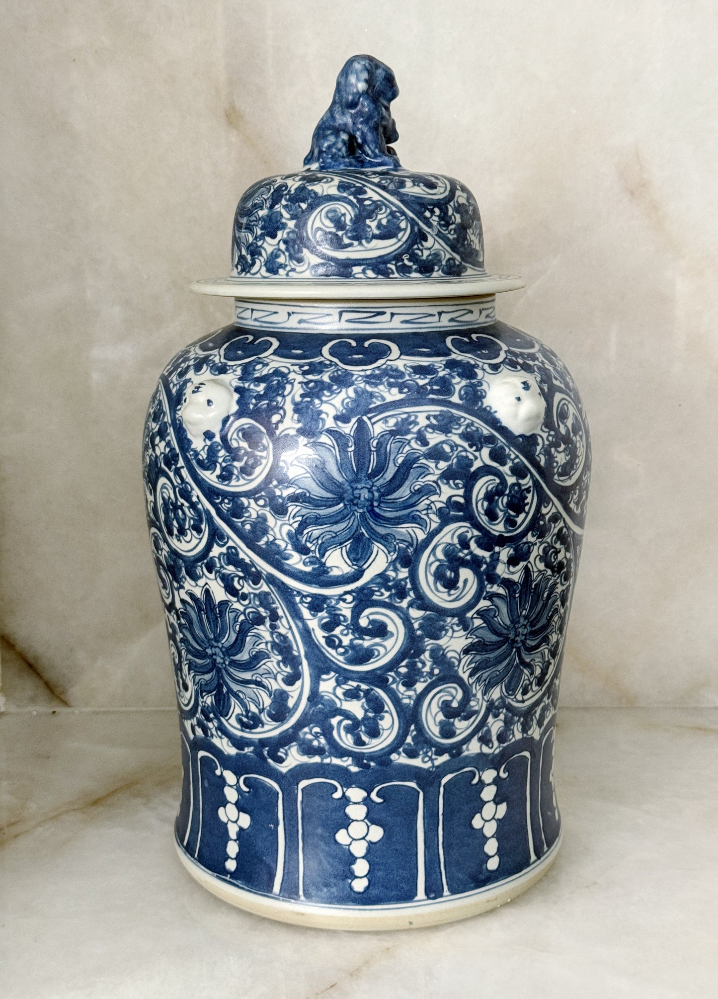 Large Blue & White Chinoiserie Scrolling Lotus Temple Jar