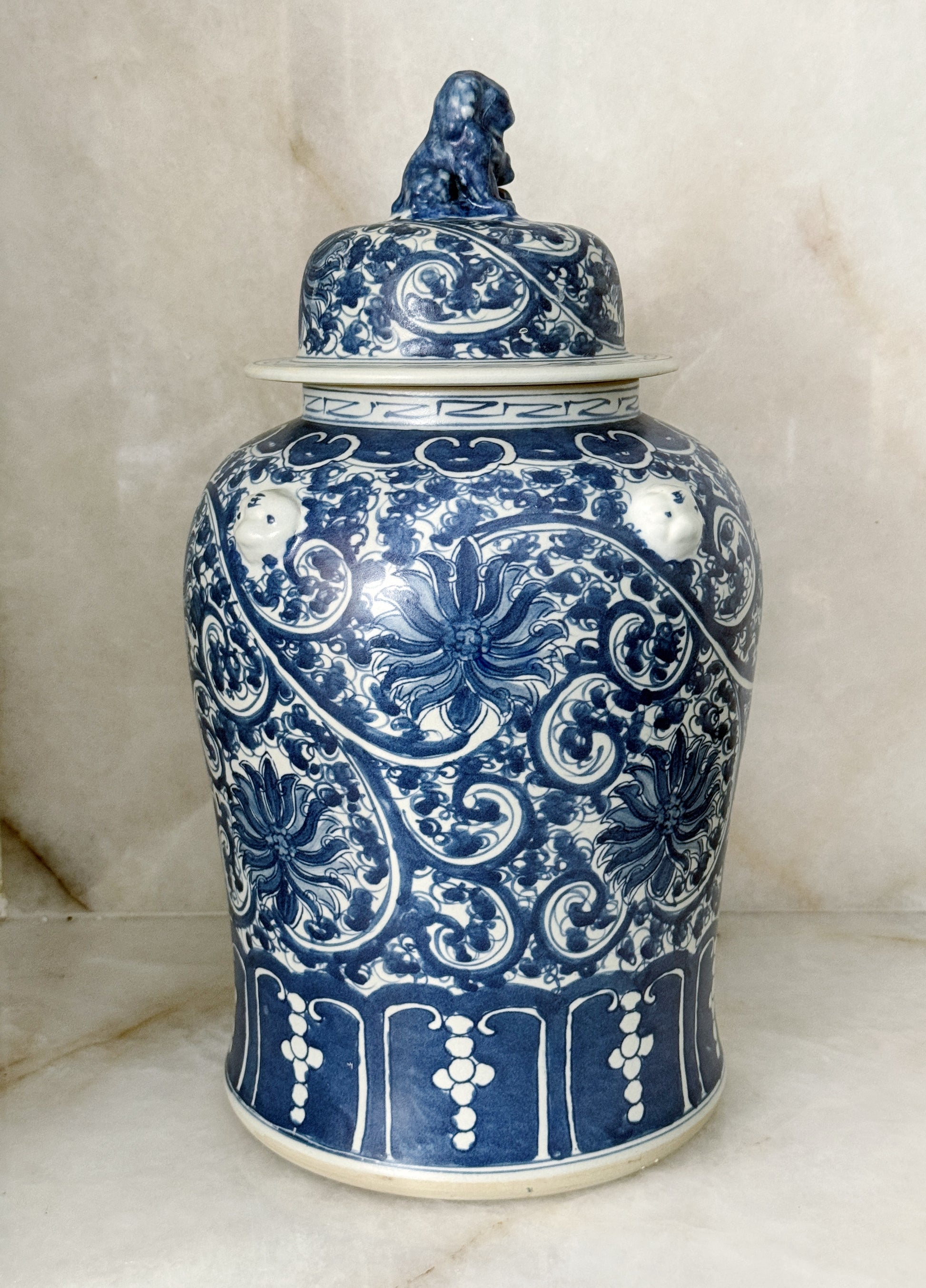 Large Blue & White Chinoiserie Scrolling Lotus Temple Jar