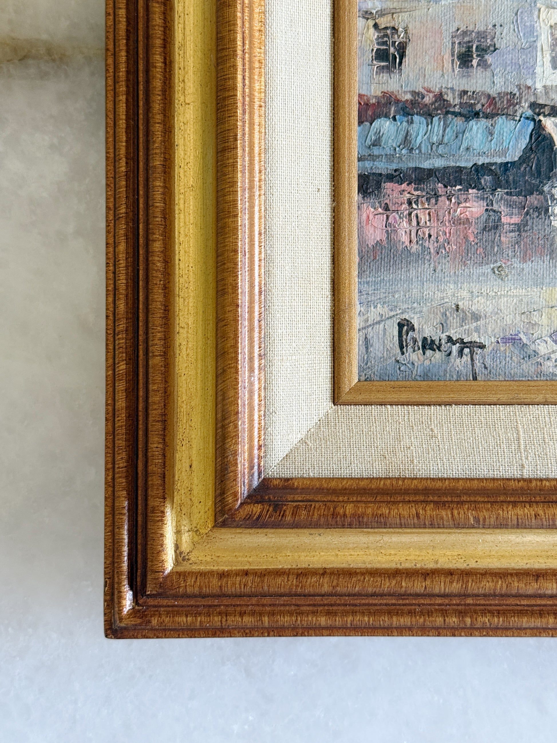 Vintage Framed Oil Painting – European City Scene