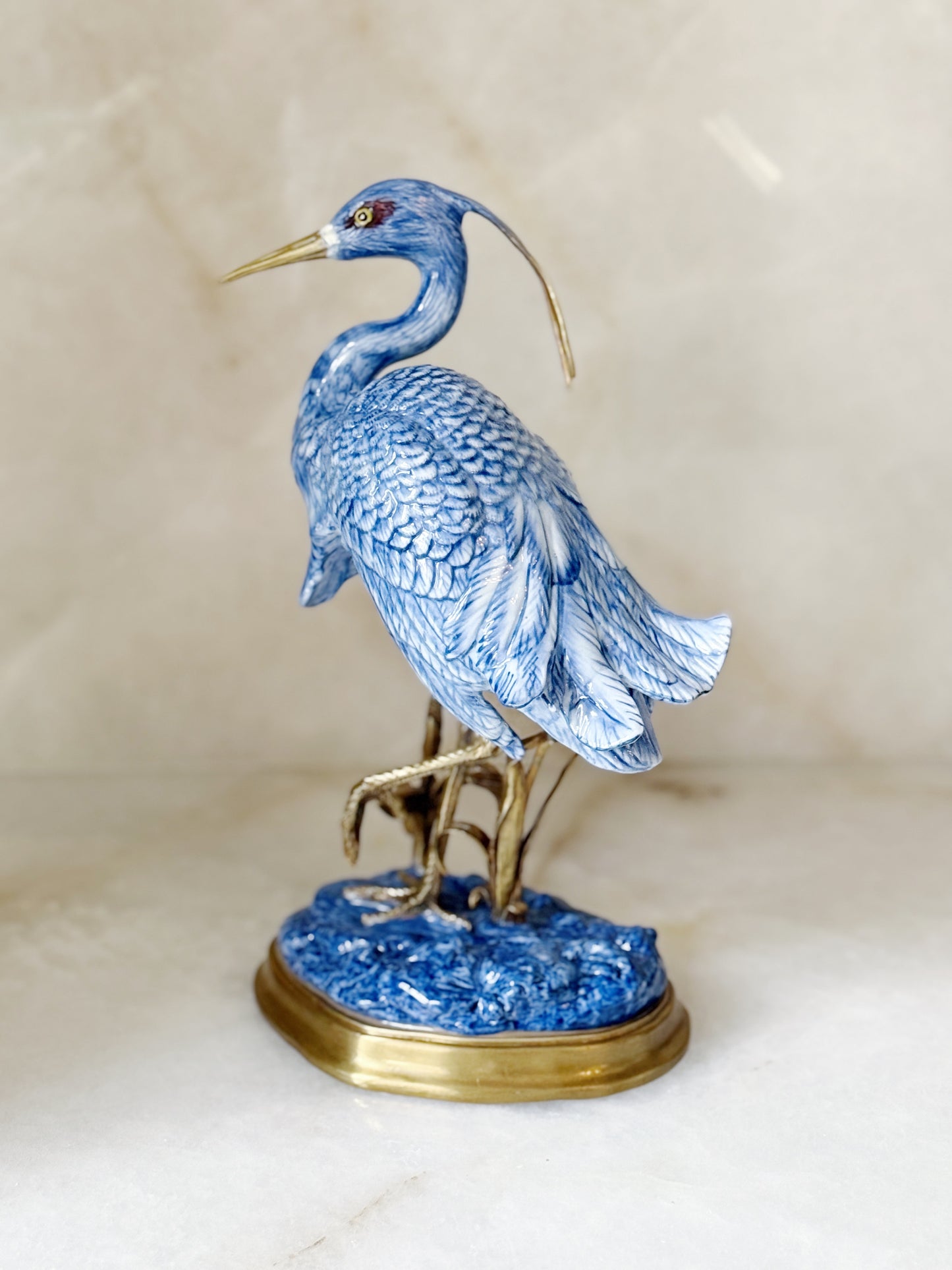 Hand Painted Blue & White Heron Figurine with Bronze Ormolu