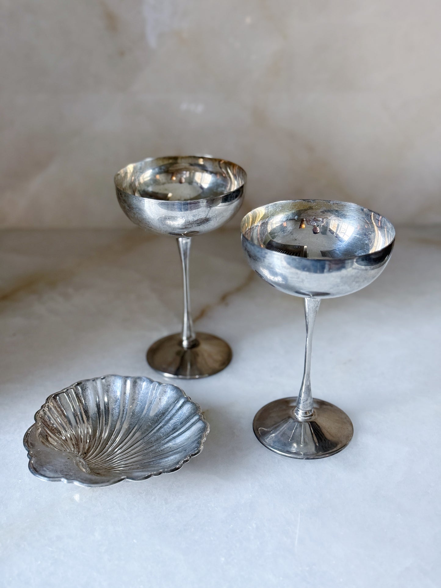 Set of Vintage Silver Champagne Coupes With vintage silver shell dish