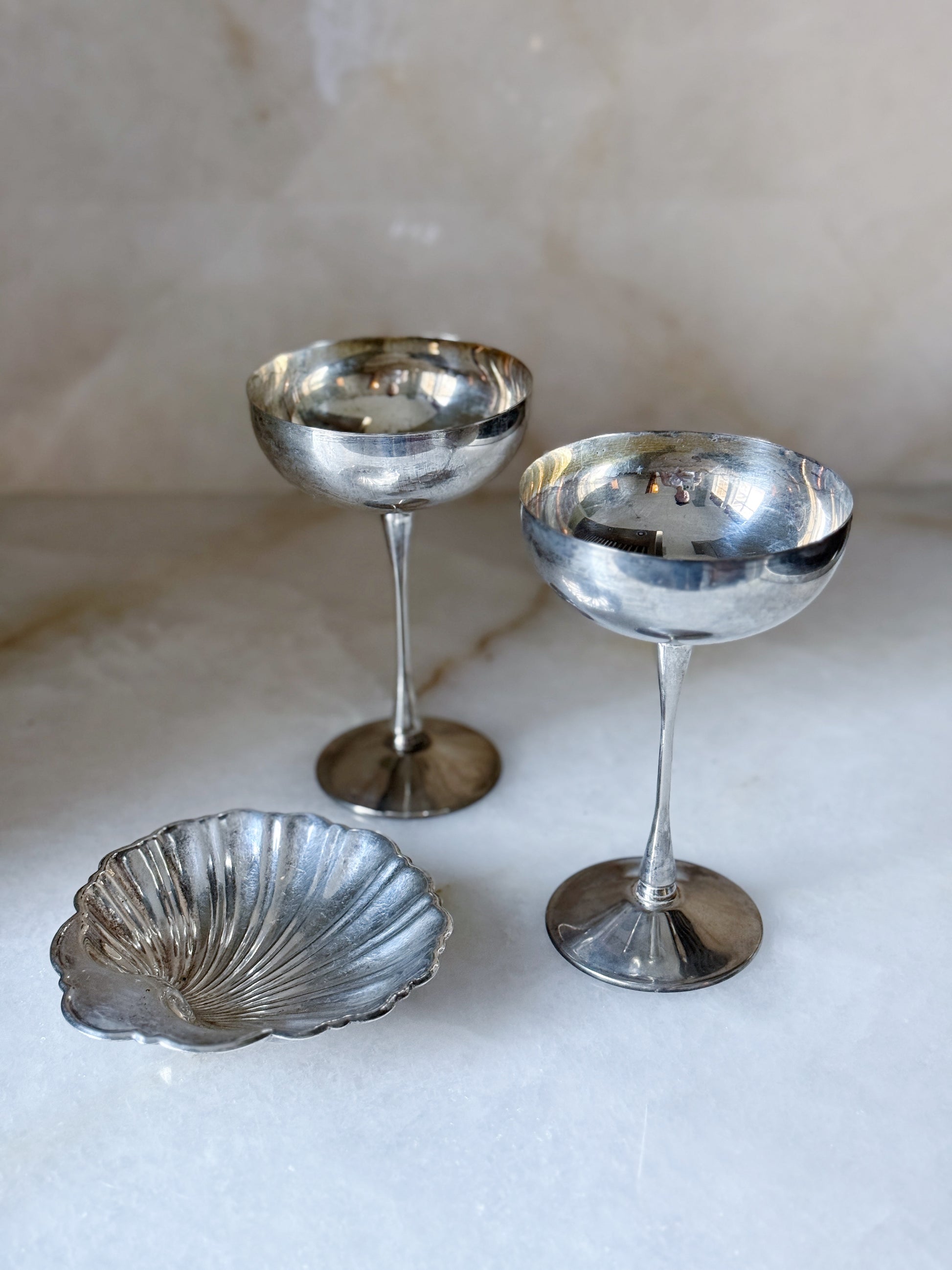 Set of Vintage Silver Champagne Coupes With vintage silver shell dish