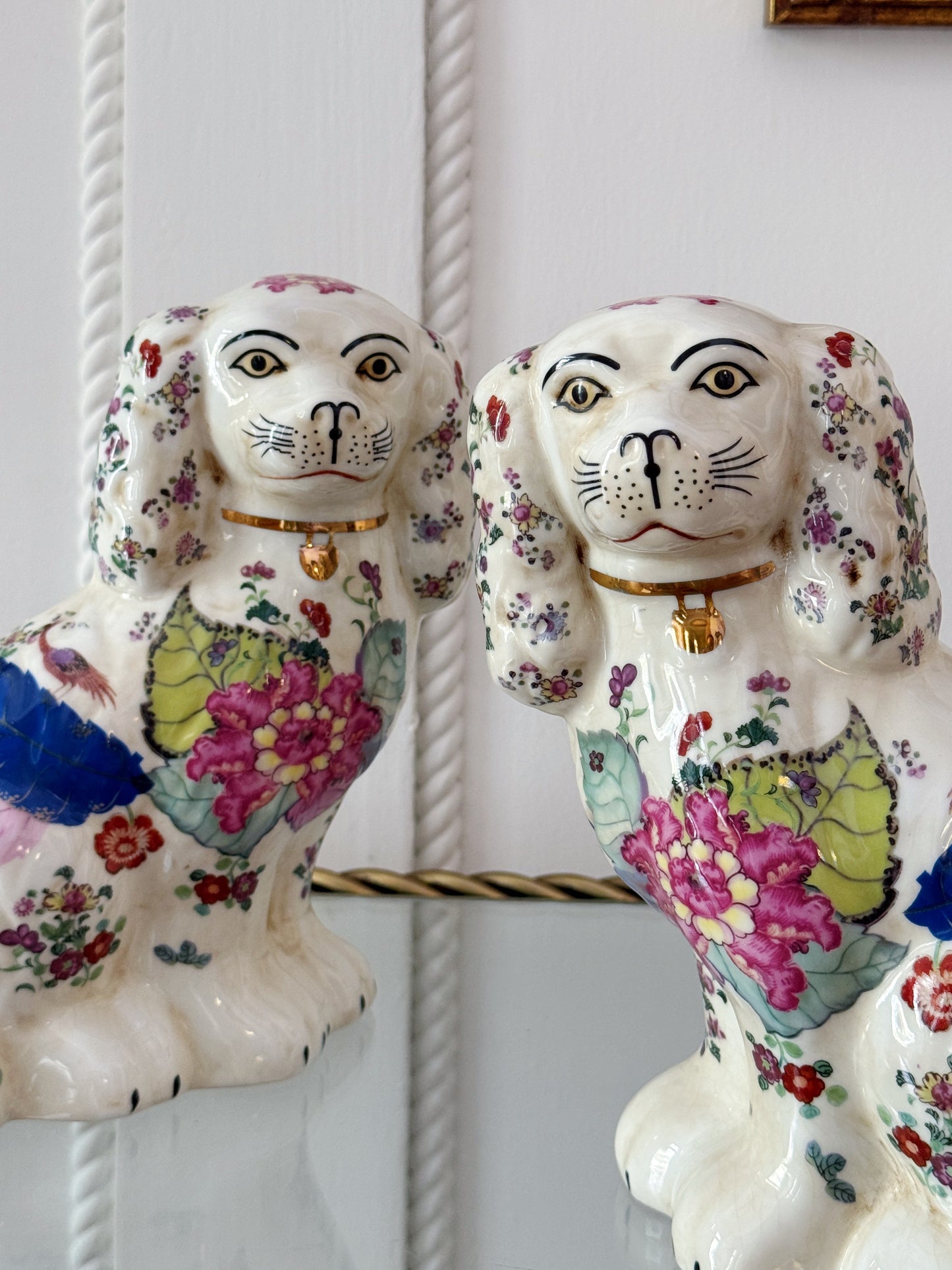 Pair of Floral Tobacco Leaf Staffordshire Dogs