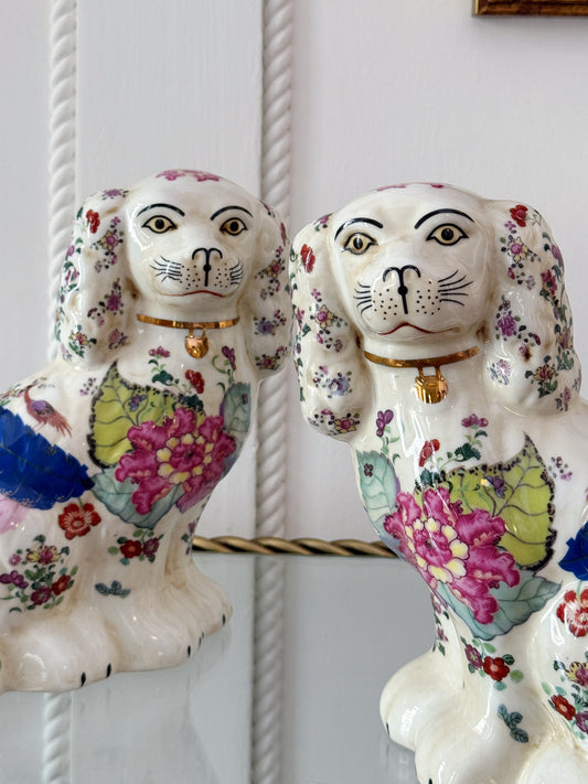 Pair of Floral Tobacco Leaf Staffordshire Dogs
