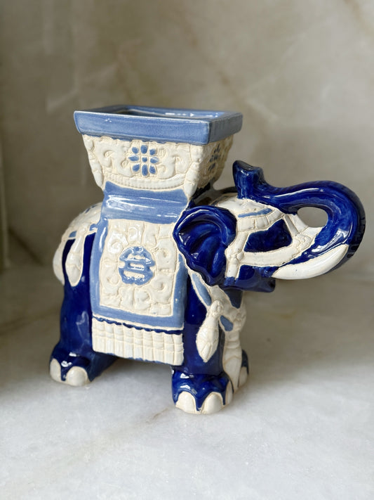 Vintage blue and white elephant planter