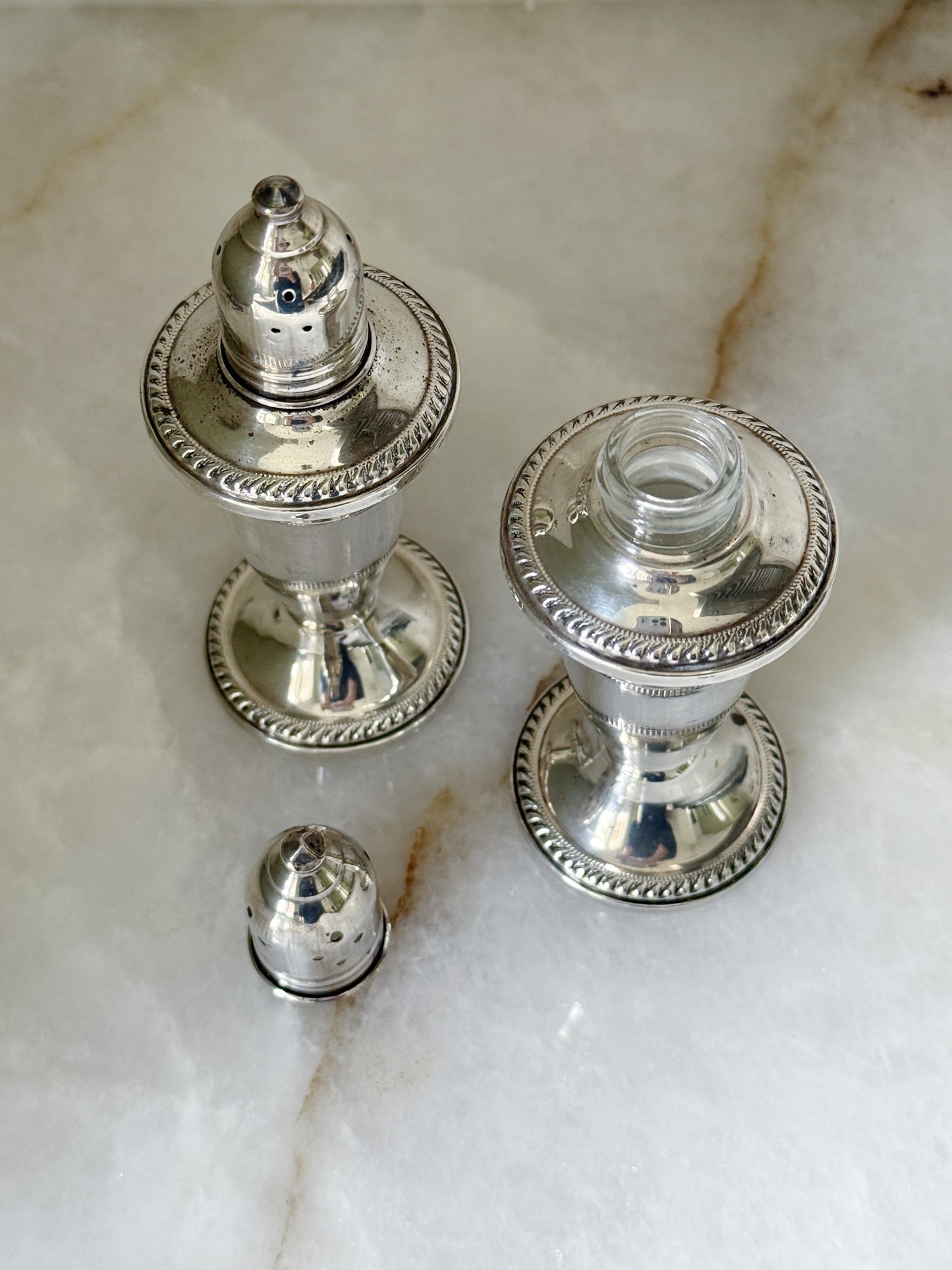 Vintage Sterling Silver Pagoda Style Salt & Pepper Shakers opened with glass inserts 
