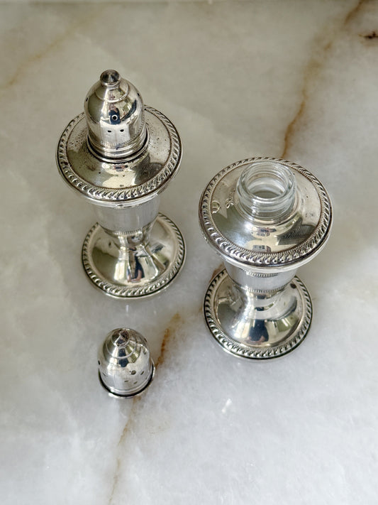 Vintage Sterling Silver Pagoda Style Salt & Pepper Shakers opened with glass inserts 