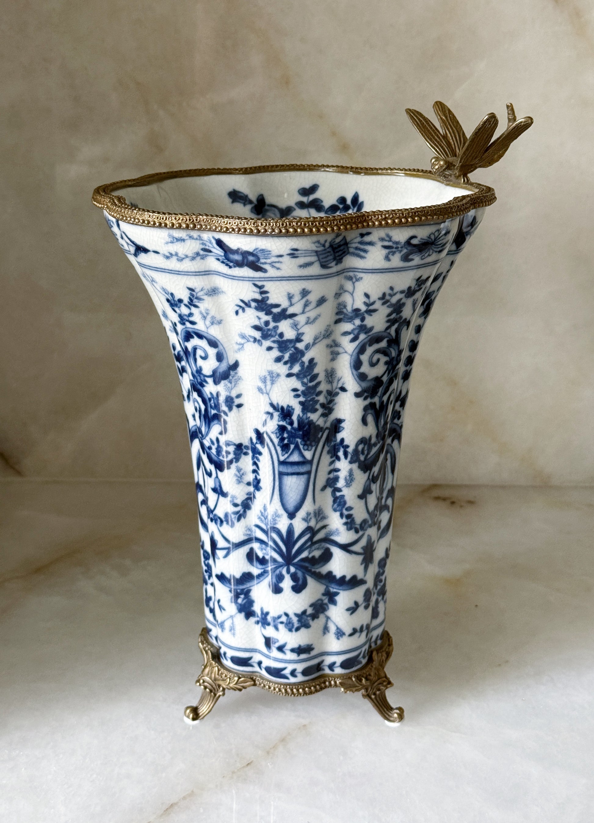 Blue & White Porcelain Vase with Bronze Ormolu Dragonfly Detail