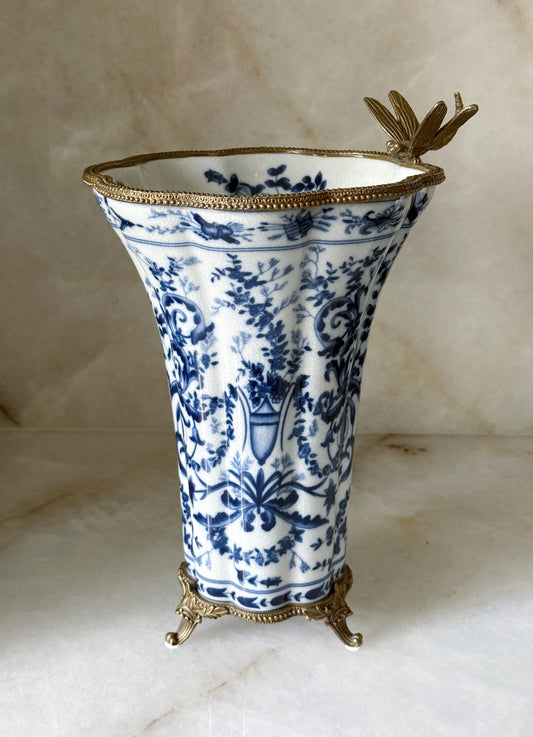 Blue & White Porcelain Vase with Bronze Ormolu Dragonfly Detail