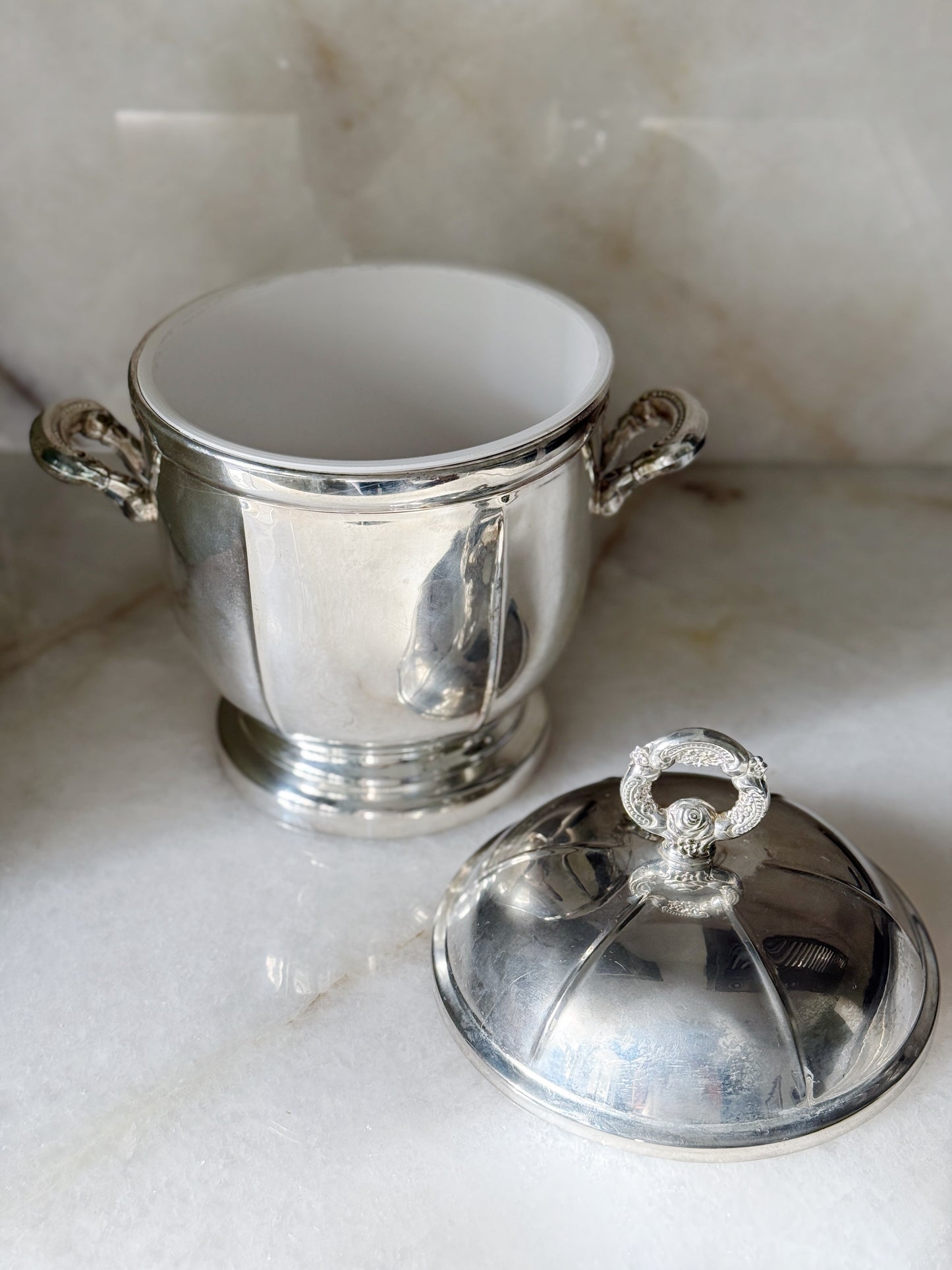 Vintage Silver Lidded Ice Bucket with White Liner | Classic Barware
