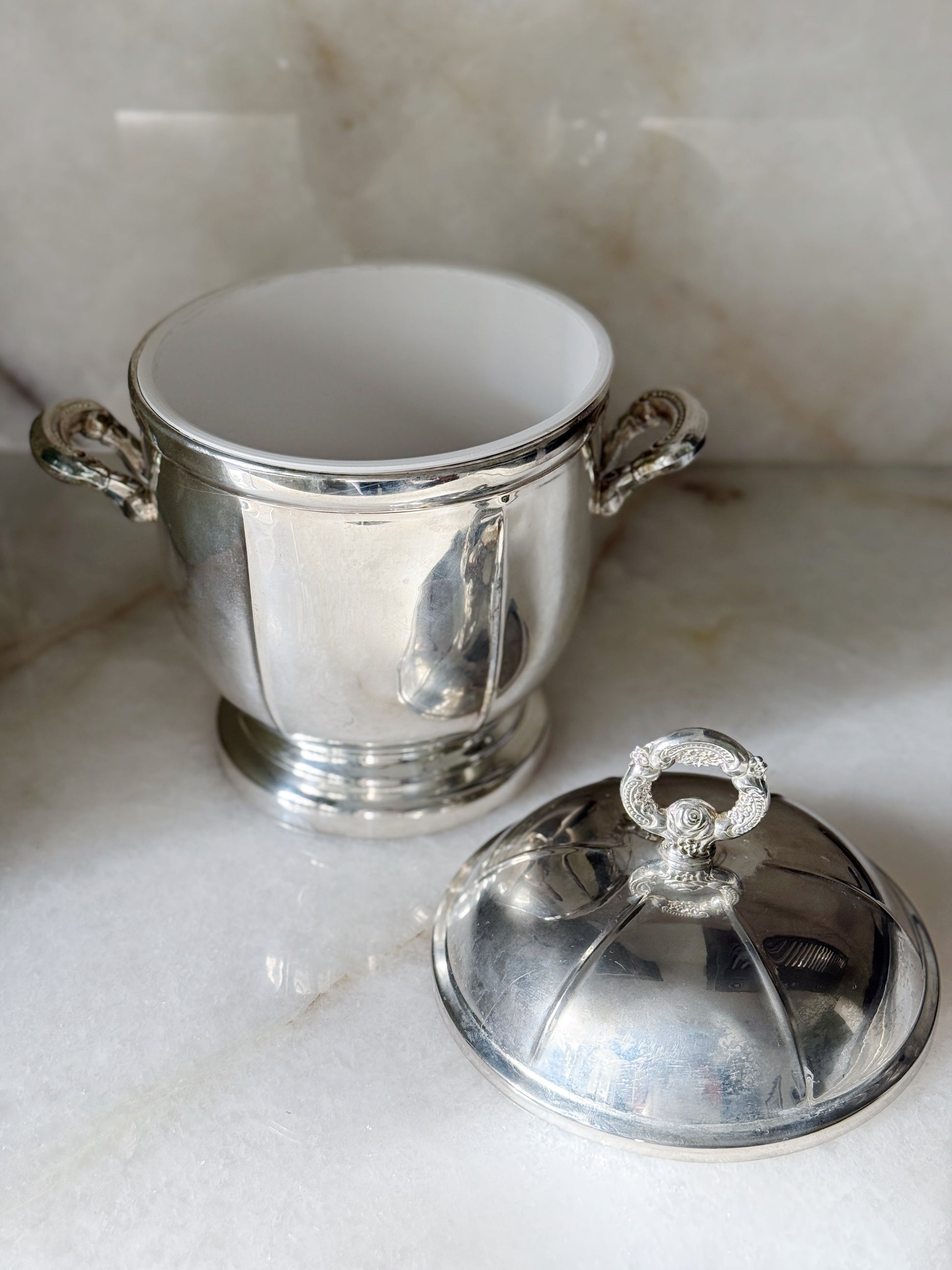 Vintage Silver Lidded Ice Bucket with White Liner | Classic Barware