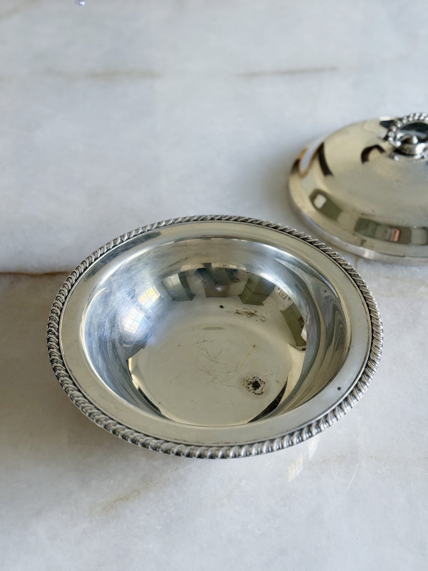 Vintage Silver Serving Dish with Lid and Rope Detail