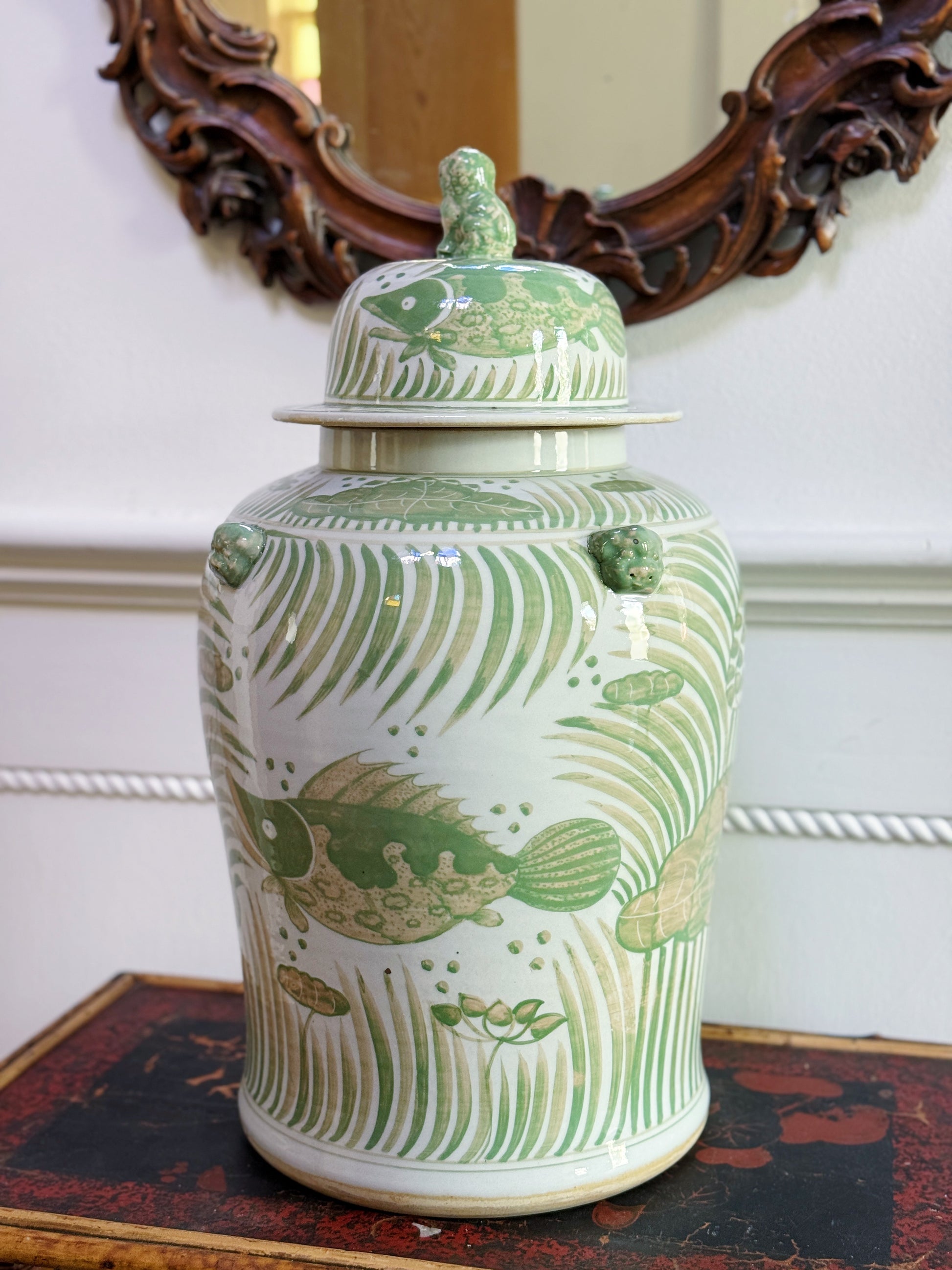 Large Green & White Fish and Lotus Temple Jar