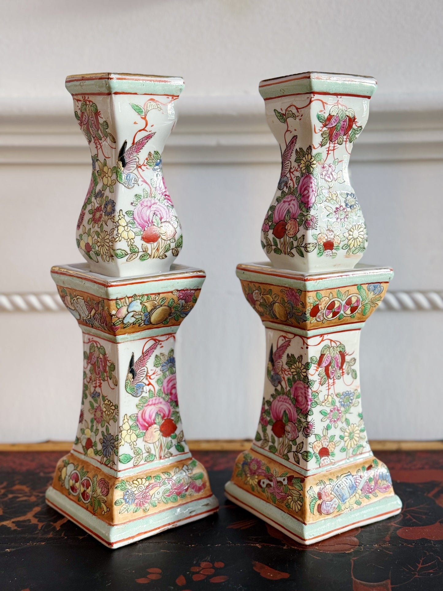 Set of Vintage Hand Painted Famille Rose Candle Holders