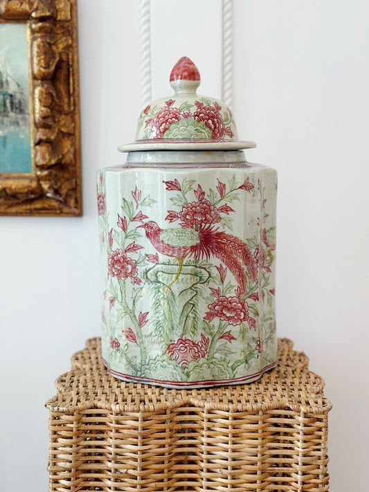 Pink and green tea jar with bird design