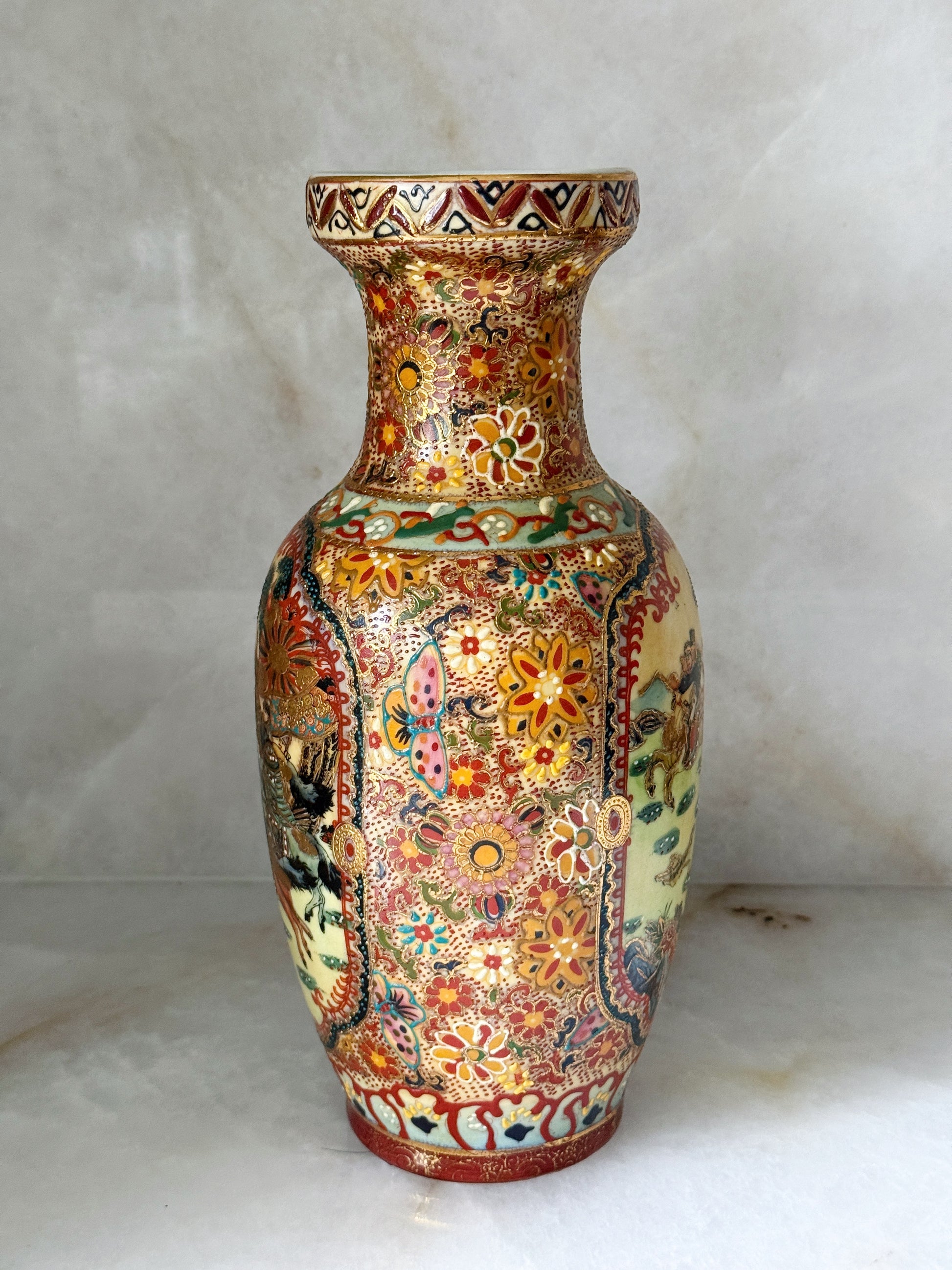 Vintage Satsuma Style Textured Chinoiserie Vase with Figural Scene
