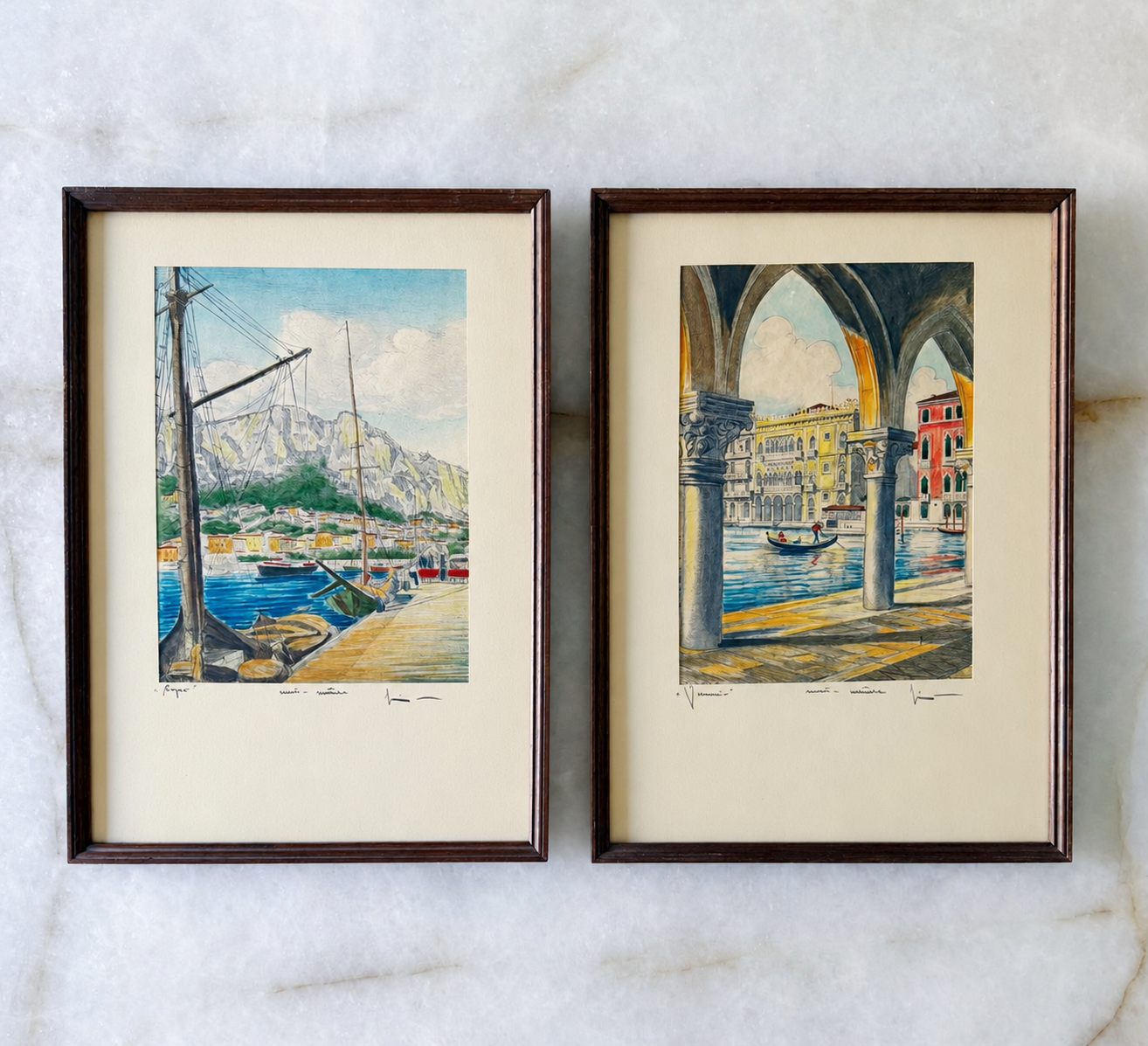 Vintage Italian Coastal Etchings — Venice & Capri, Pair