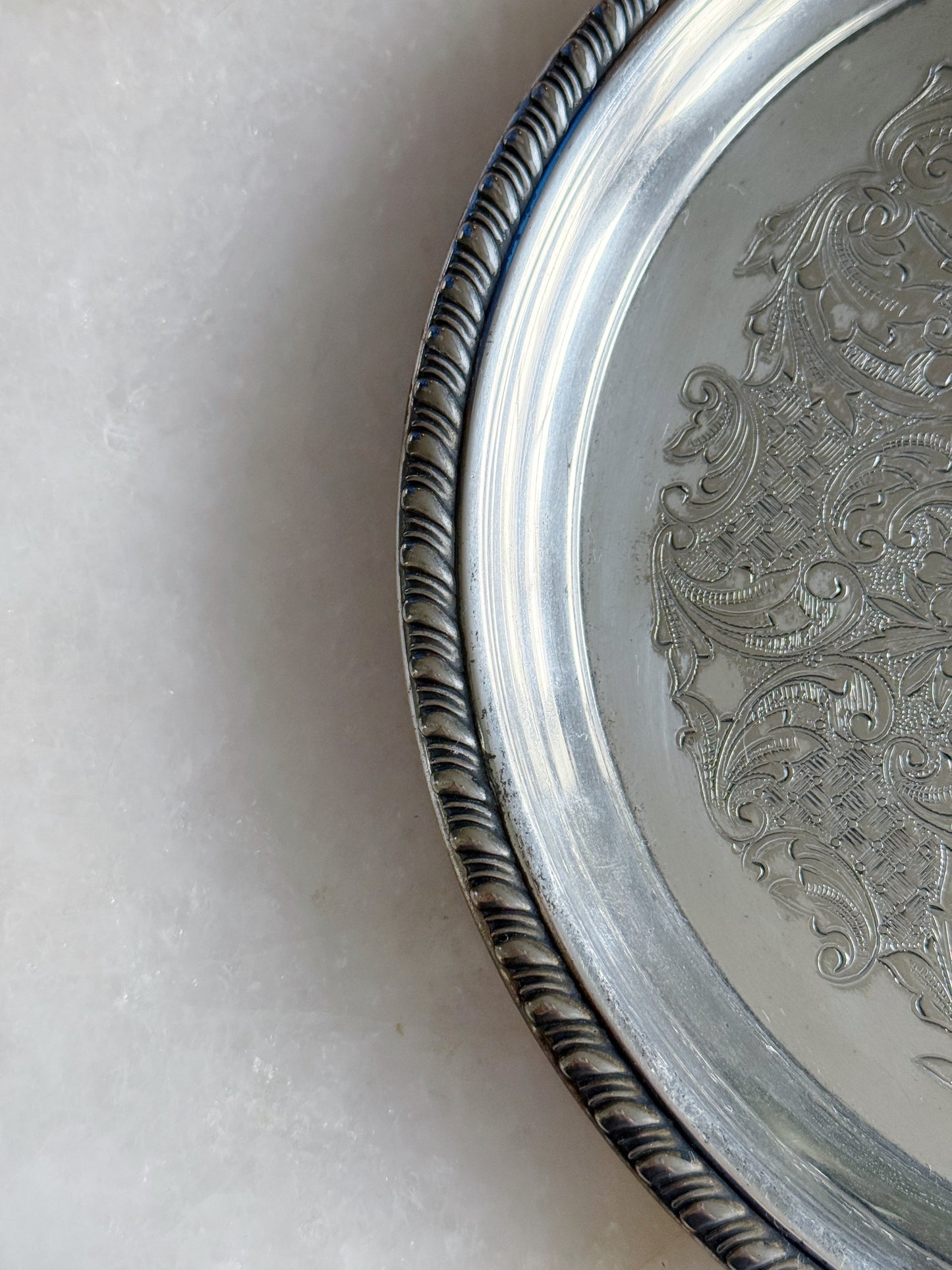 Vintage Round Silver Serving Tray with Rope Detailing