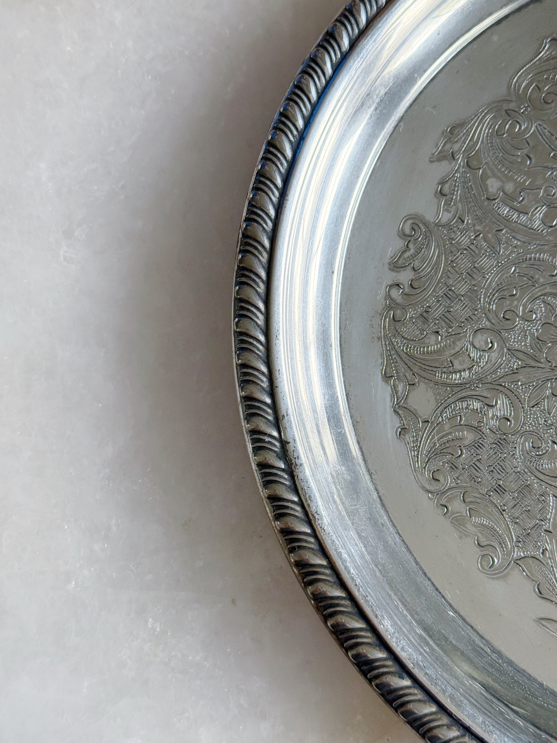 Vintage Round Silver Serving Tray with Rope Detailing
