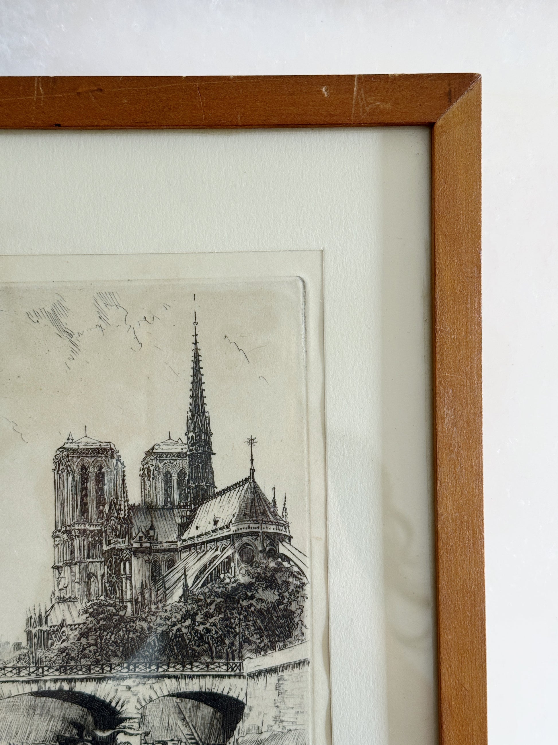 Pair of Vintage Paris Architectural Etchings in Wood Frames