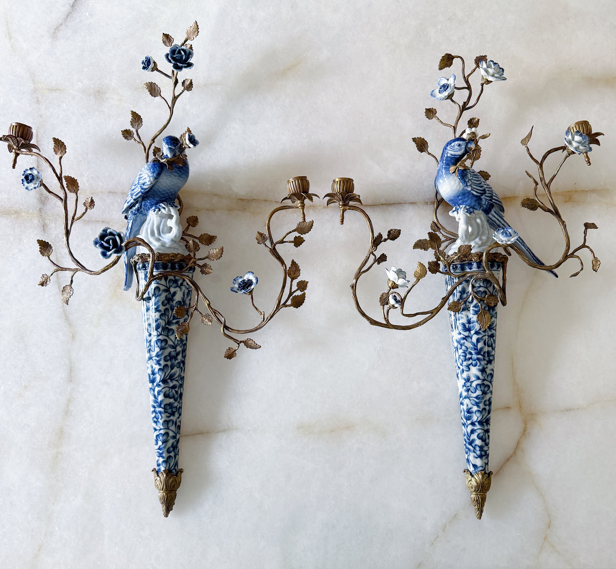 Blue & White Porcelain Bird Wall Sconces with Gilt Branches – Pair