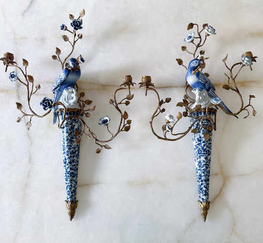 Blue & White Porcelain Bird Wall Sconces with Gilt Branches – Pair