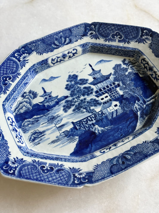 Large Octagonal Blue & White Willow Ware Style Platter
