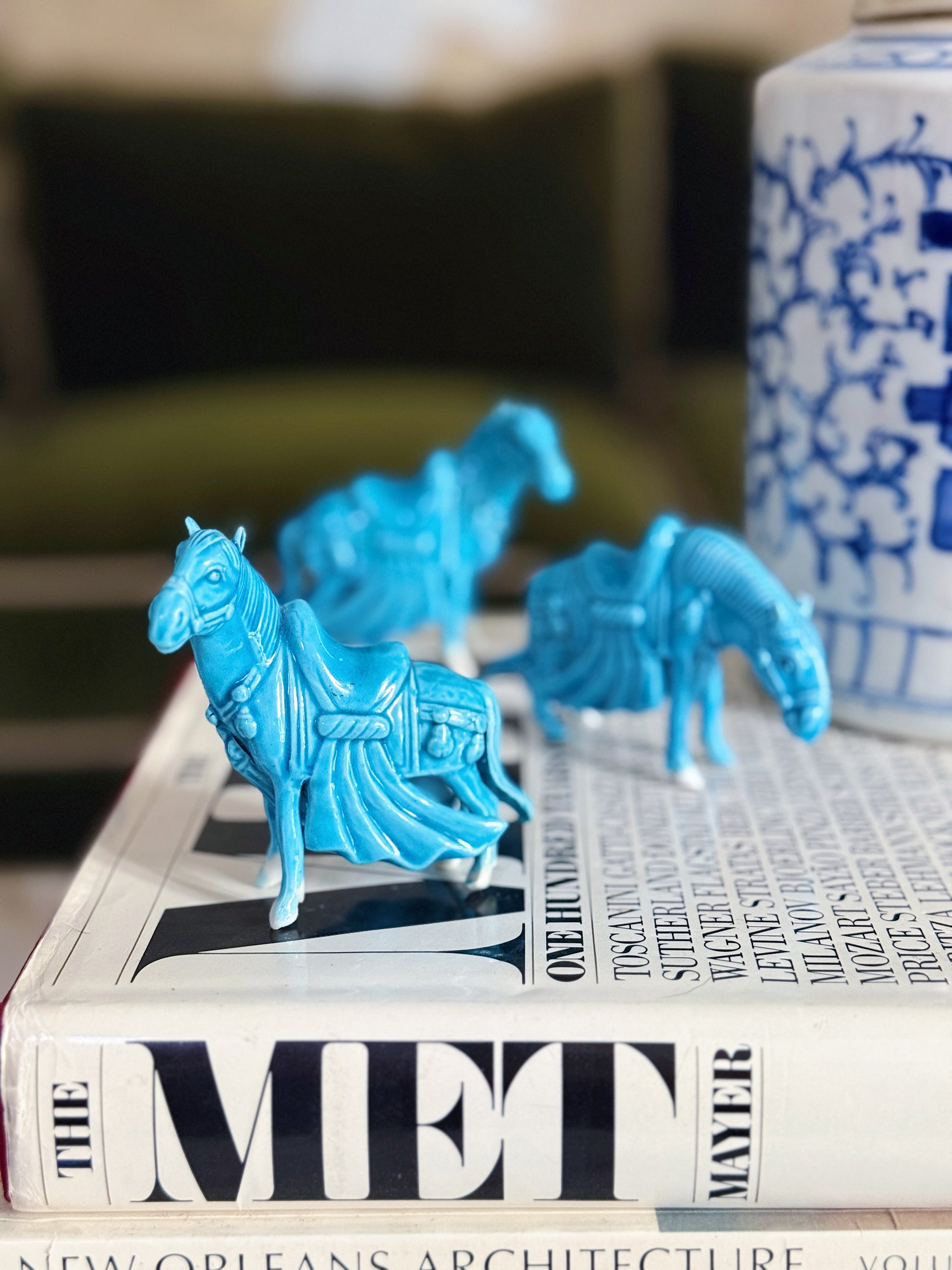 Vintage Turquoise Ceramic Tang Horse Figurines – Set of 3