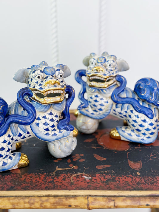 Hand Painted Blue Foo Dogs with 24k Accents